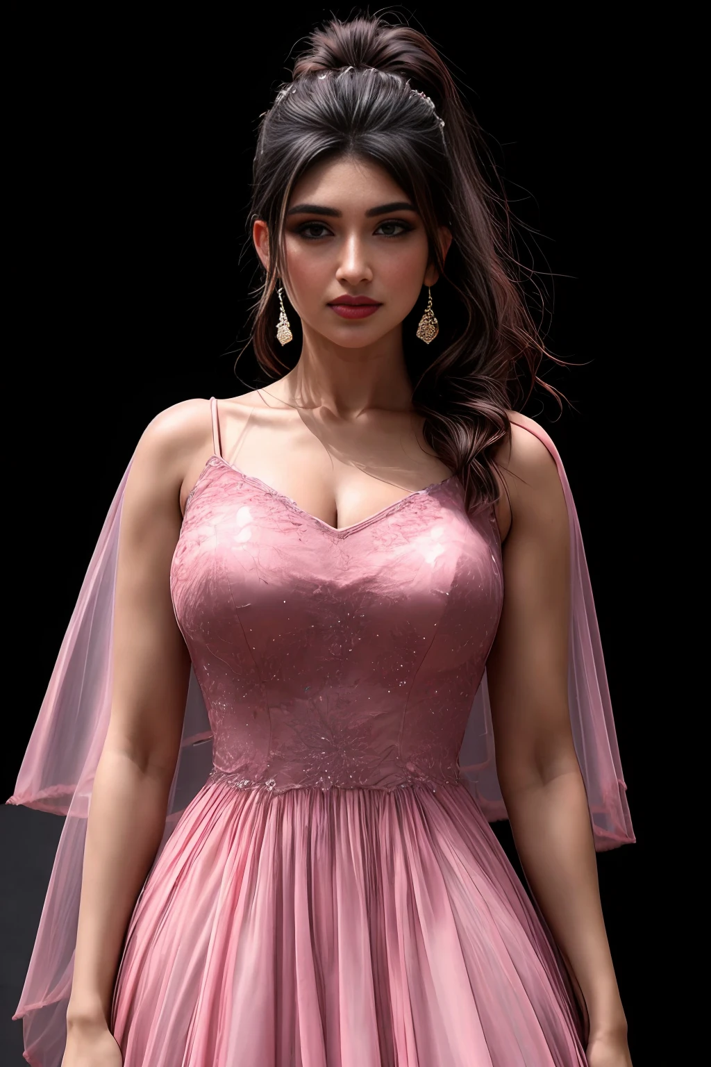 1girl, solo, curvy body, hourglass body, perfect body, indian, sreeleela, masterpeice, best quality, high ponytail, black hair, ear rings, medium shot, big breasts, Natural skin texture, looking at viewer, (standing:1.2), cinematic light, (black background:1.5), photographic pose, full hair, photorealistic detail, urban setting, natural lighting, vibrant colors, summer day, 8K resolution, masterpeice, ultradetail, award winning photography, (Rim light:1.2) 
<lora:Sreeleela:1>
<lora:r0s3dr3ss:.7> r0s3dr3ss, pink wedding dress, frills, pink roses, fluffy dress,<lora:more_details:1><lora:more_details:1>