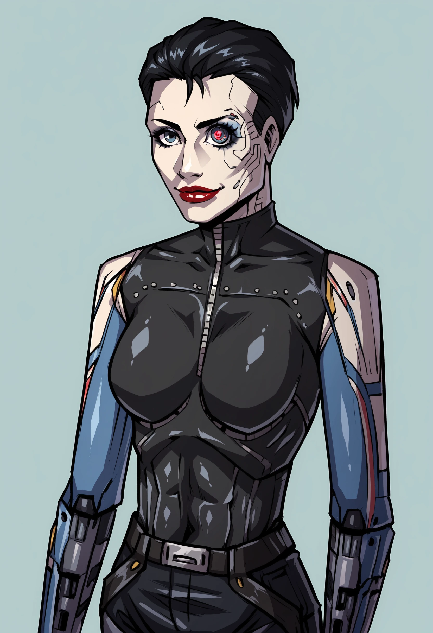 score_9, score_8_up, score_7_up, score_6_up, score_5_up, score_4_up, 1girl, <lora:AnnaNavarre:0.85> , solo, breasts, cyborg, short hair, black hair, robot joints, mechanical parts, mechanical arms, red lips, makeup, bodysuit, pants, latex, robot eye, upper body, standing, looking at viewer, smile,
(light blue background), simple background,