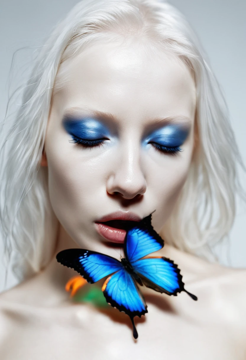 raw textured professional photography by Martin Deschambault and Alessio Albi, serene beautiful albino woman with a electric blue (butterfly on her mouth), closed eyes, white background, photorealistic, 8k, natural lighting, HDR, high resolution, shot on IMAX Laser, intricate details, amazing skin details