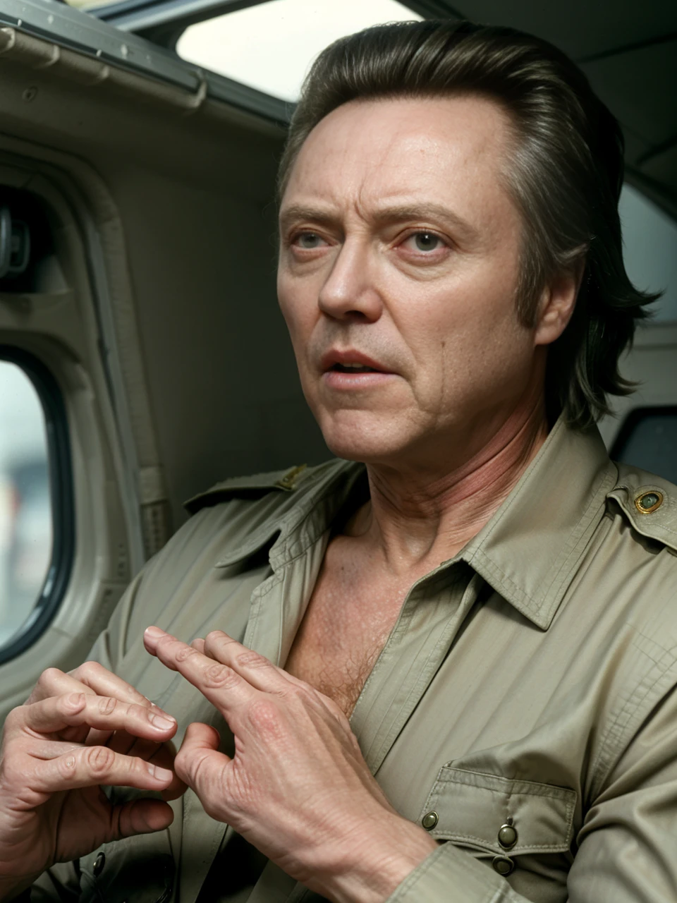 <lora:ChristopherWalken:1> christopher walken grasping for air in a freefall after joining the state troopers, 4k, raw, masterpiece