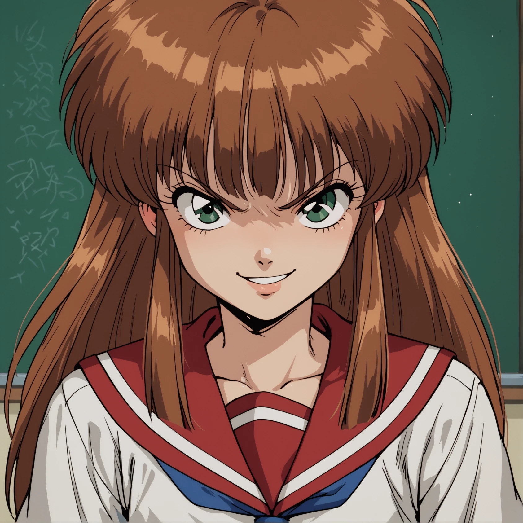 score_9, score_8_up, score_7_up, anime_source, BREAK, 
masterpiece, best quality, androgynous, solo, retro style,  <lora:Tsuba_Kurenai_r1:0.6> tusbasa kurenai, serafuku, long brown hair, bangs, green eyes, school uniform, looking at viewer, smirk, classroom,  <lora:g4n1m3XLP:0.7> g4n1m3