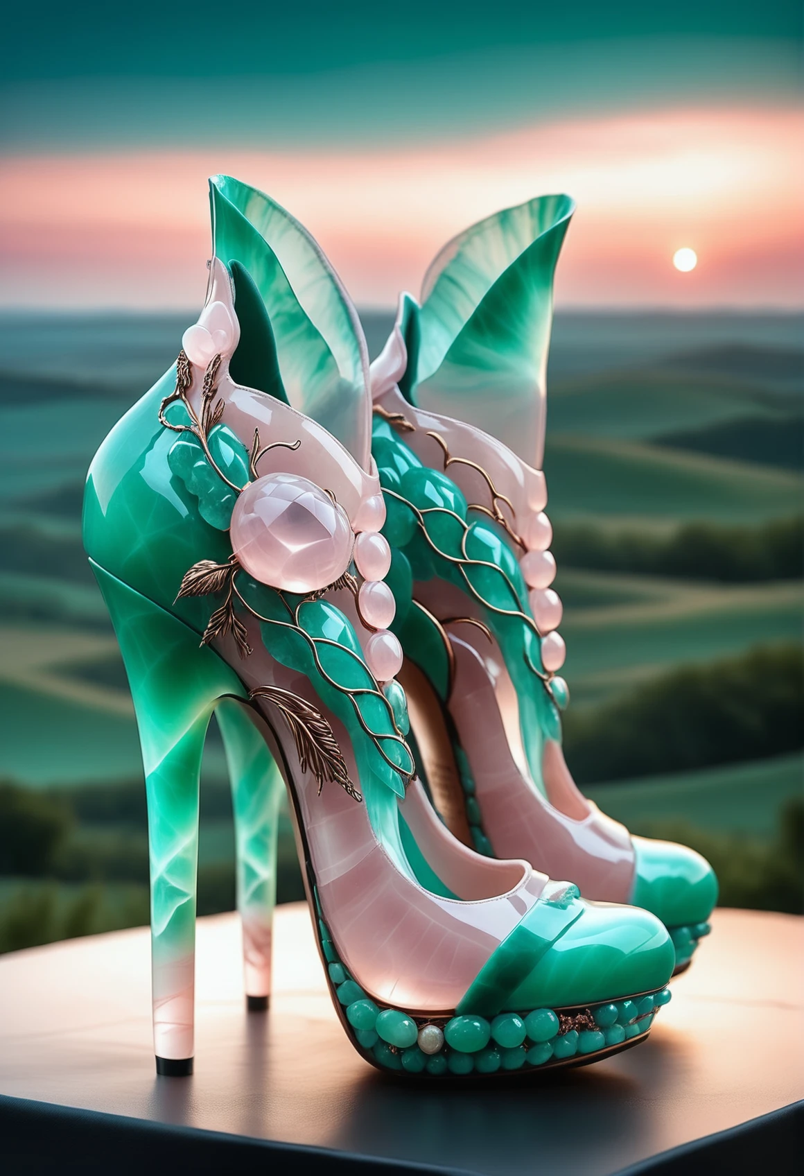 a pair of Haute Couture shoes made out of reij-rsqrtzjd <lora:rosequartzjade-000007:1>, Tattoo ink of a masterpiece, landscape of a Verdant Fields of the Harvest Festival, digital manipulation, flowing, highly decorated, intense, ambient atmosphere, stunning