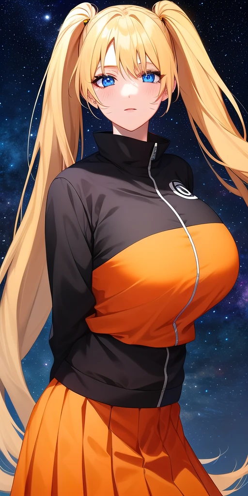 <lora:UzumakiNarukoV3:0.7> naruko_uzumaki, huge_breasts, standing, solo, arms_behind_back, multicolored_jacket_black_jacket_orange_jacket, orange_skirt, starry_sky,, masterpiece, best_quality, detailed_face, detailed_eyes, highres, beautiful, detailed, absurdres,