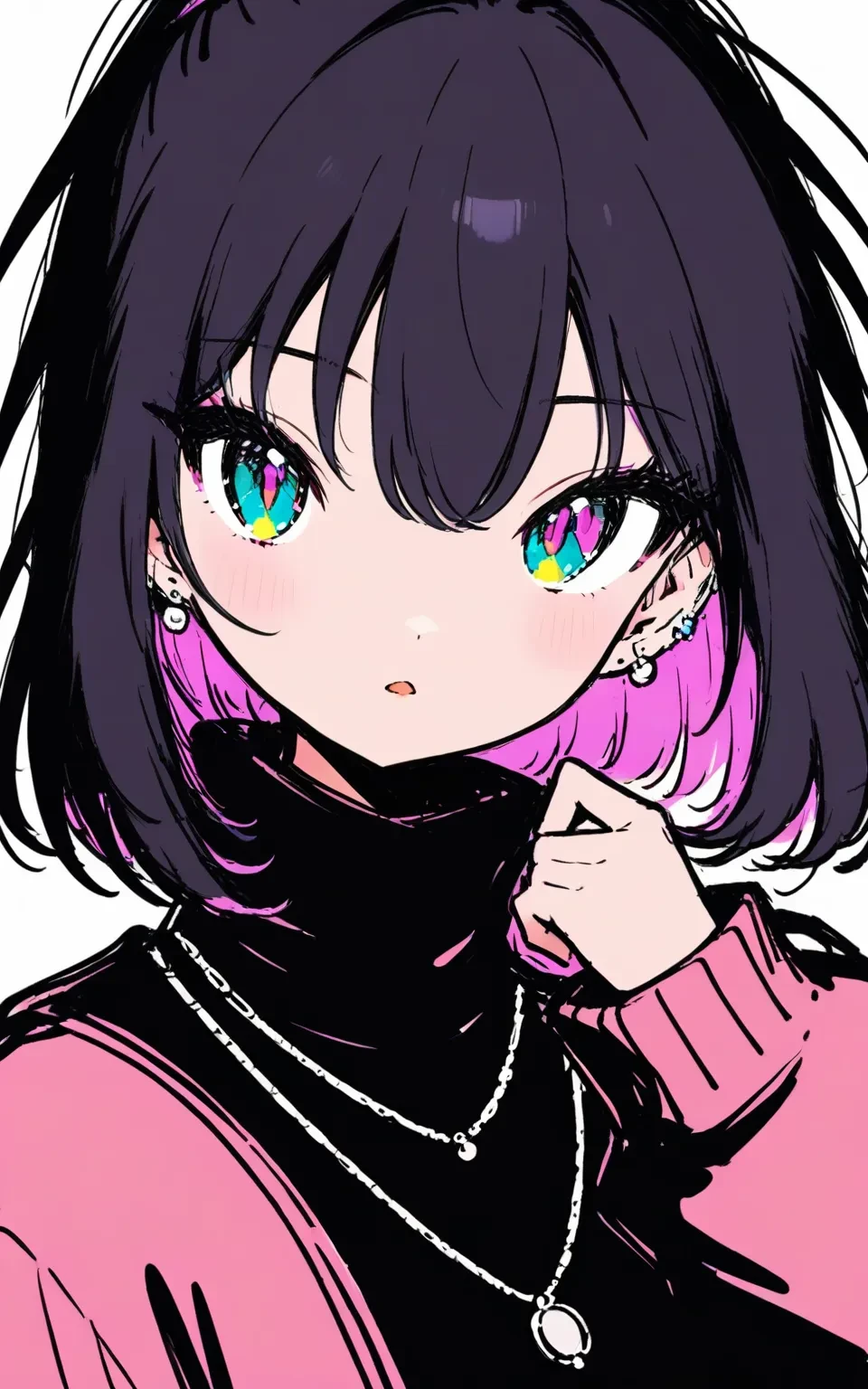 1girl, 
Freehand
masterpiece, light particles, green eyes, simple background, turtleneck sweater, hair between eyes, black sweater, short hair, necklace, pendant, multicolored eyes, black hair, jacket, pink hair, jewelry, hand on own face, hand up, looking at viewer, portrait, white background, ear piercing, piercing, turtleneck, multicolored hair, eyelashes, earrings, aqua eyes, solo, purple eyes, sweater, gradient eyes, open mouth, 
newest, absurdres, safe
 <lora:freehand:1>