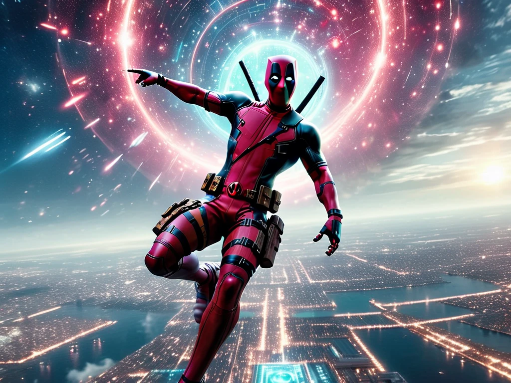 Deadpool flying through the sky in a stolen ironman suit, cyberspace sky full of digital stars, <lora:CyberspaceSDXL-V2:0.8> cyberspace, (matrix inspired landscape:1.2), depth of view, realistic photo