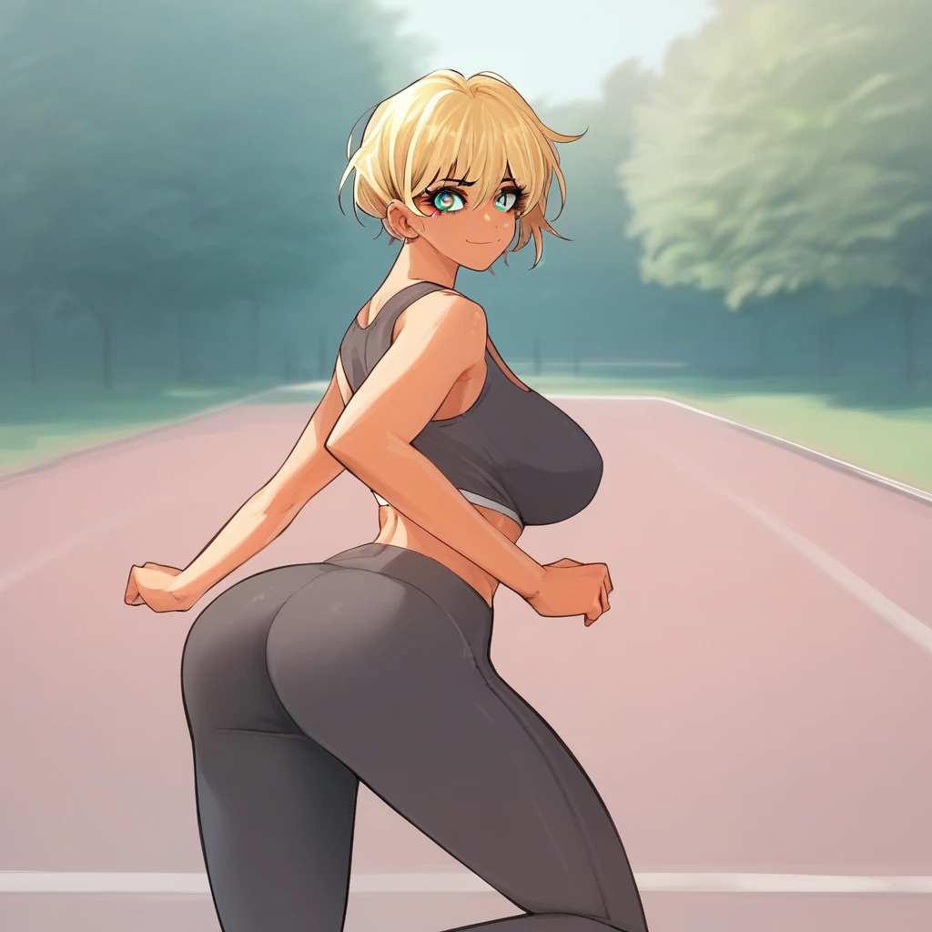 score_9, score_8_up, score_7_up, ASCII masterpiece, source_anime, BREAK, 1girl, solo, (( <lora:ah_ye-sung:1> , ah_ye-sung, thin waist, wide hips, beautiful dark skin, beautiful blonde hair, beautiful short hair, banges, clear eyes, beautiful aqua color eyes, bright pupils, beautiful eyes, big and shaggy breasts, natural beauty, extraordinary beautiful woman, attractive woman, super sexy woman, lustful body, sexy woman with seductive obscene body, sensual body, voluptuous body, sexy beauty, )) , obscene cleavage, uncensored, no piercings, no piercing, rare view, makeup, shiny skin, closed mouth, smile, best quality, masterpiece, seducing viewer, female focus, jogging, suggestive pose, ((sports bra)), perfect ass, ((yoga pants)), from back, looking back at viewer, jogging in a park,