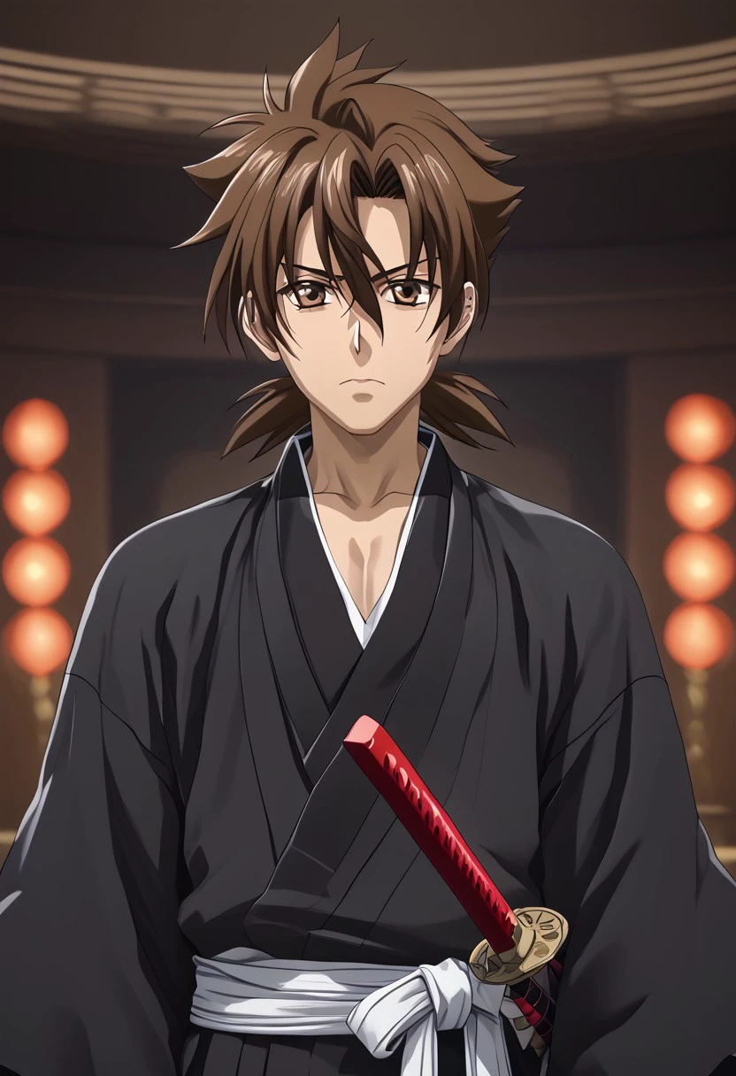 Masterpiece, best quality, high quality, highres, 4k, detailed face, Expressiveh, bmbplora, issei_hyoudou, brown hair, brown eyes, hair between eyes, Shihakusho, black kosode, black hakama, white belt, katana, scabbard, solo,