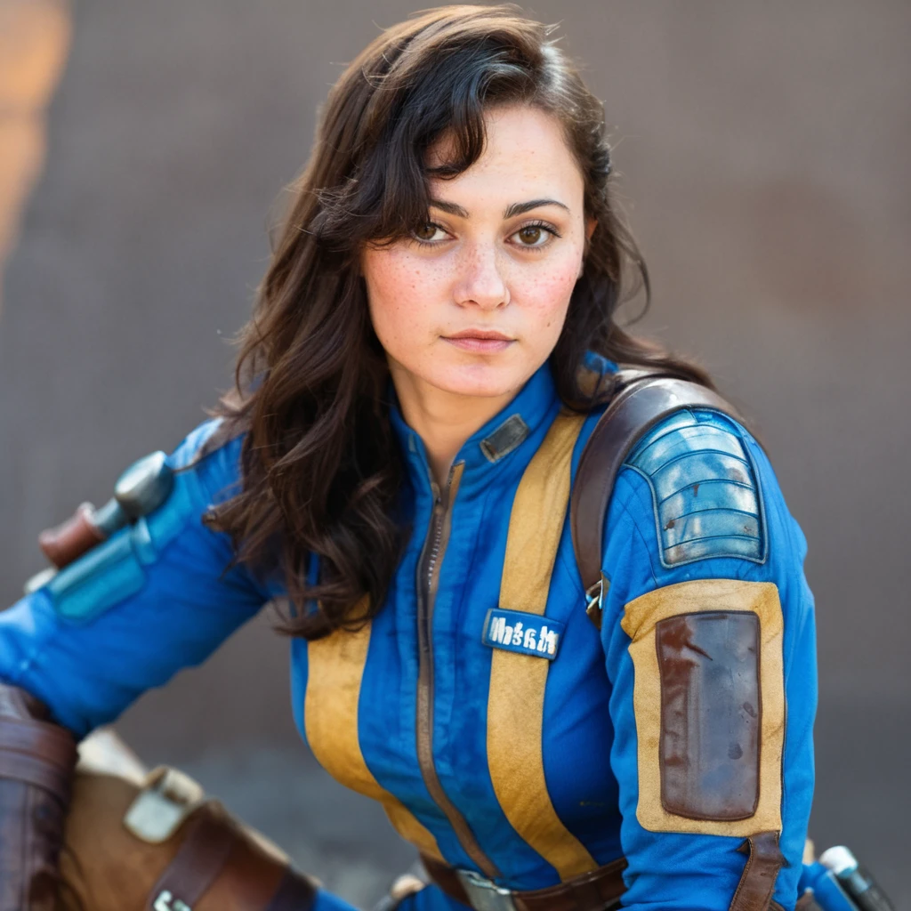 score_9, score_8_up, score_7_up,1girl, white skin ,  25 years old, looking at viewer,brown eyes, black hair,  ellapurnell <lora:Ella Purnell Pony:1> wearing a blue fallout jumpsuit