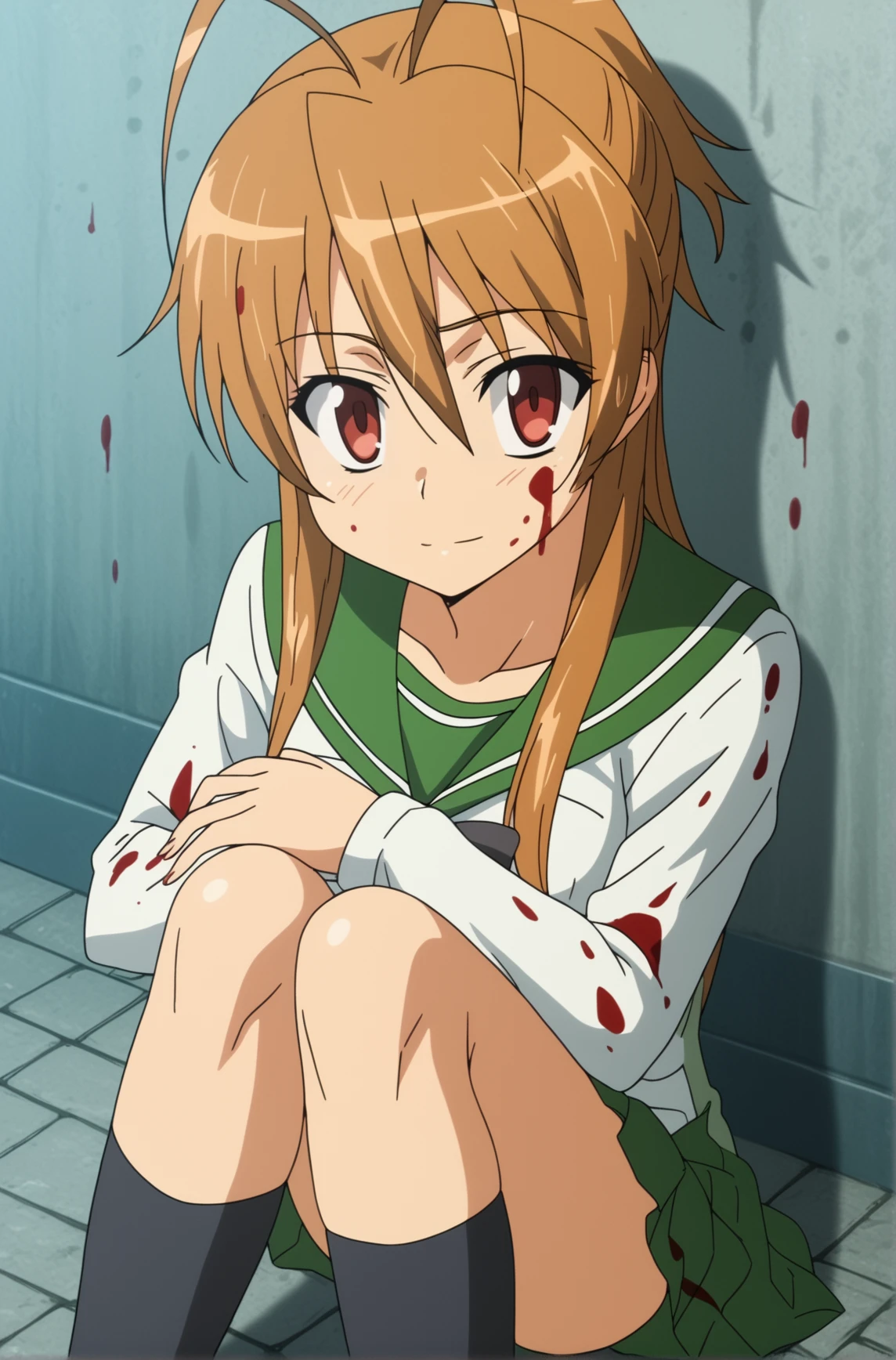 <lora:Rei_Miyamoto:0.8>, outdoors, Rei Miyamoto, 1girl, solo, looking at viewer, sitting, school uniform, serafuku, blood, blood on face, blood on clothes, hugging own legs,