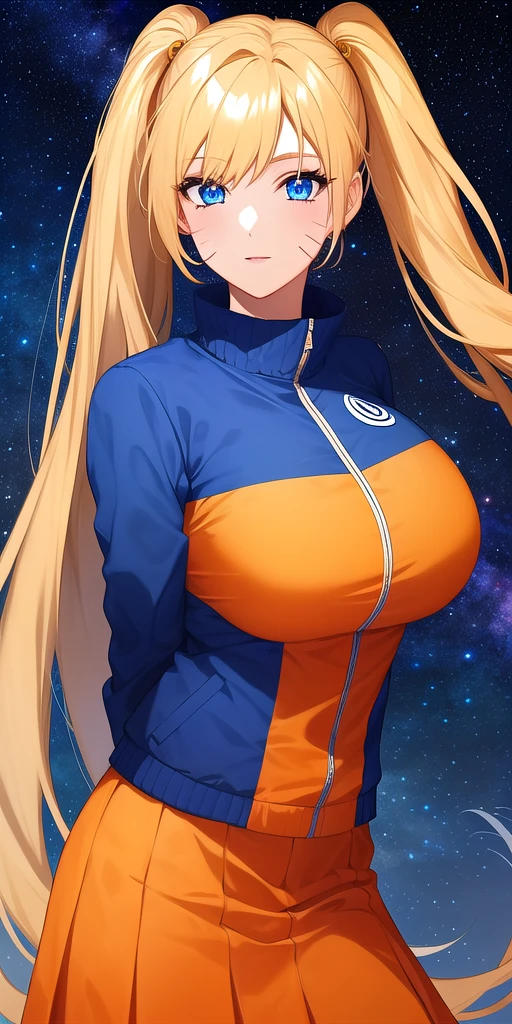 <lora:UzumakiNarukoV3:0.7> naruko_uzumaki, huge_breasts, standing, solo, arms_behind_back, multicolored_jacket_blue_jacket_orange_jacket, orange_skirt, starry_sky,, masterpiece, best_quality, detailed_face, detailed_eyes, highres, beautiful, detailed, absurdres,