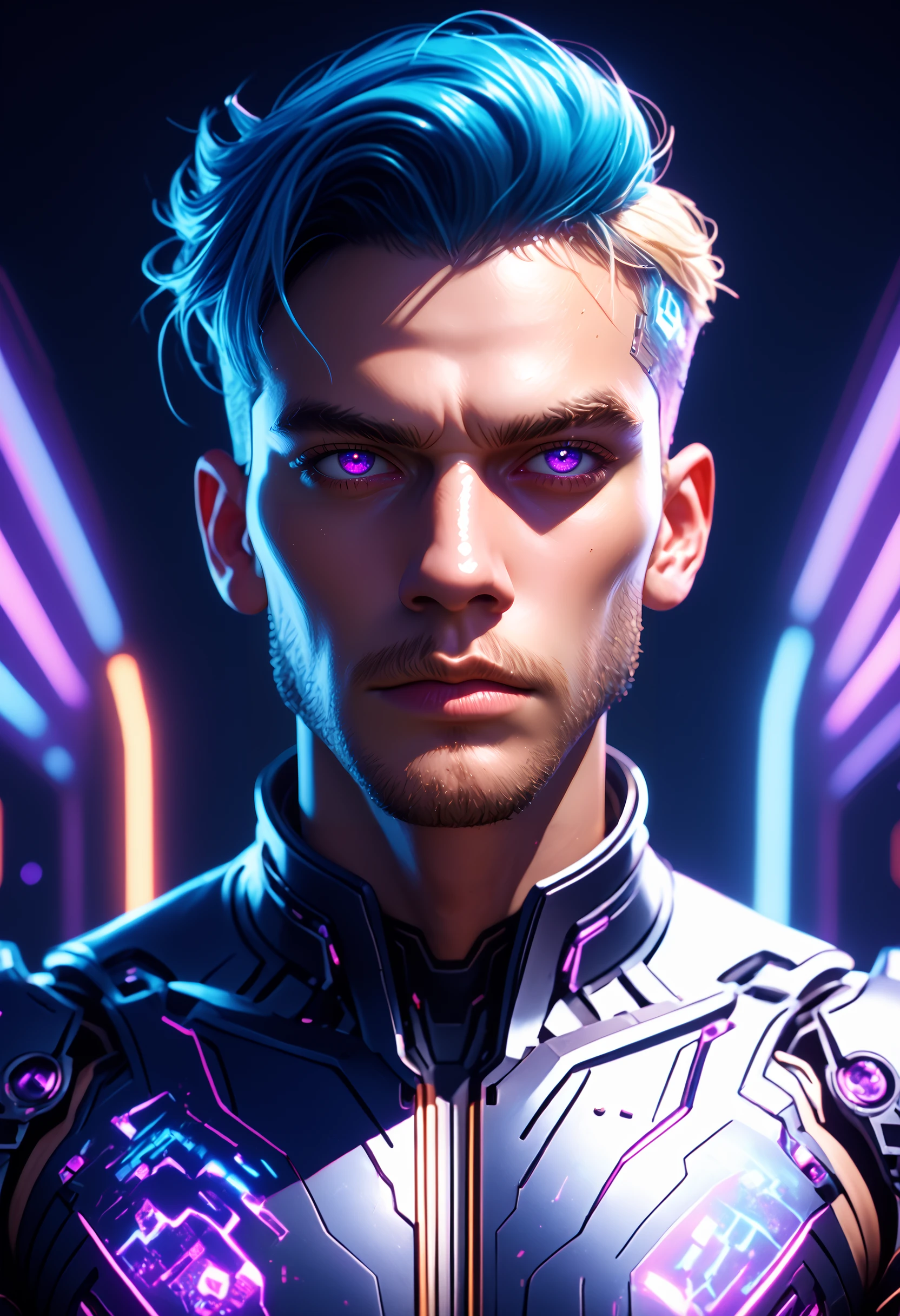 score_9, score_8_up, score_7_up, score_6_up, score_5_up, score_4_up,   epic, illustration, render, volumetric lighting, 1boy, solo, male focus, stubble, light facial hair, handsome, two tone hair, blue hair, blonde hair, purple eyes, cybernetic armor, depth of field, full body, standing in a spaceship, (fantasy), (lens flare, light leak, prismastic), Unreal Engine 5, (side-lighting), (cyberpunk), dynamic angle, (close up), cinematic photography, neon outlights, dark background, wide shot, ultrasharp, desktop wallpaper, octane render, futuristic, neon theme