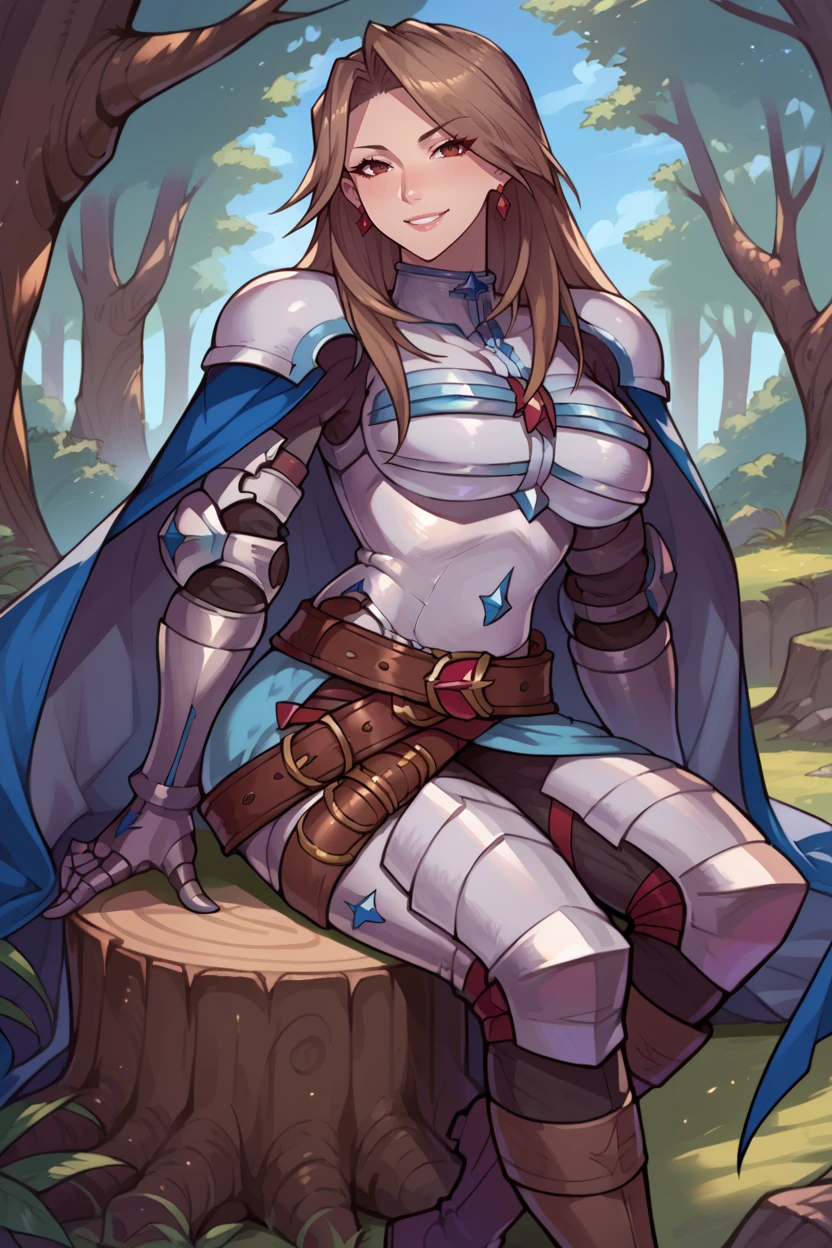 score_9, score_8_up, score_7_up, score_6_up, source_anime BREAK 1girl, solo   <lora:katalina-pdxl-nvwls-v1-000007:1> defKat, brown hair, long hair, earrings, armor, blue cape, belt, gauntlets, armored boots, large breasts, sitting on tree stump, forest, looking at you, smile, boots