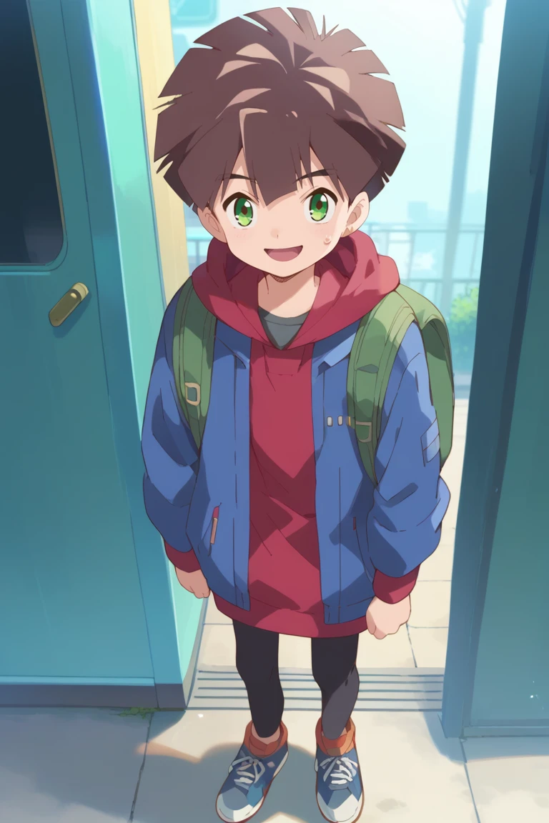 score_9, score_8_up, score_7_up, score_6_up, detailed, intricate details,best quality ,source_anime, cowboy shot,
hiro amanokawa, brown hair, green eyes, blue jacket, open jacket, red hoodie, 1boy, male focus, solo, bag, sweatdrop, shoes, anime coloring, jacket, open mouth, black pants, sneakers, smile, backpack<lora:EMS-421264-EMS:1.000000>