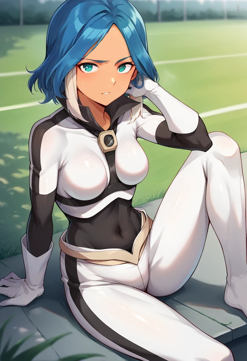 score_9, score_8_up, score_7_up, source_anime, masterpiece, 1girl, ct_ulv1d4, blue hair, bodysuit, popped collar, white shirt,  white gloves, black covered navel, tan belt, outdoors, white pants, depth of field, sitting, looking at viewer,  <lora:Ulvida_pony_2outfit_ct:1>