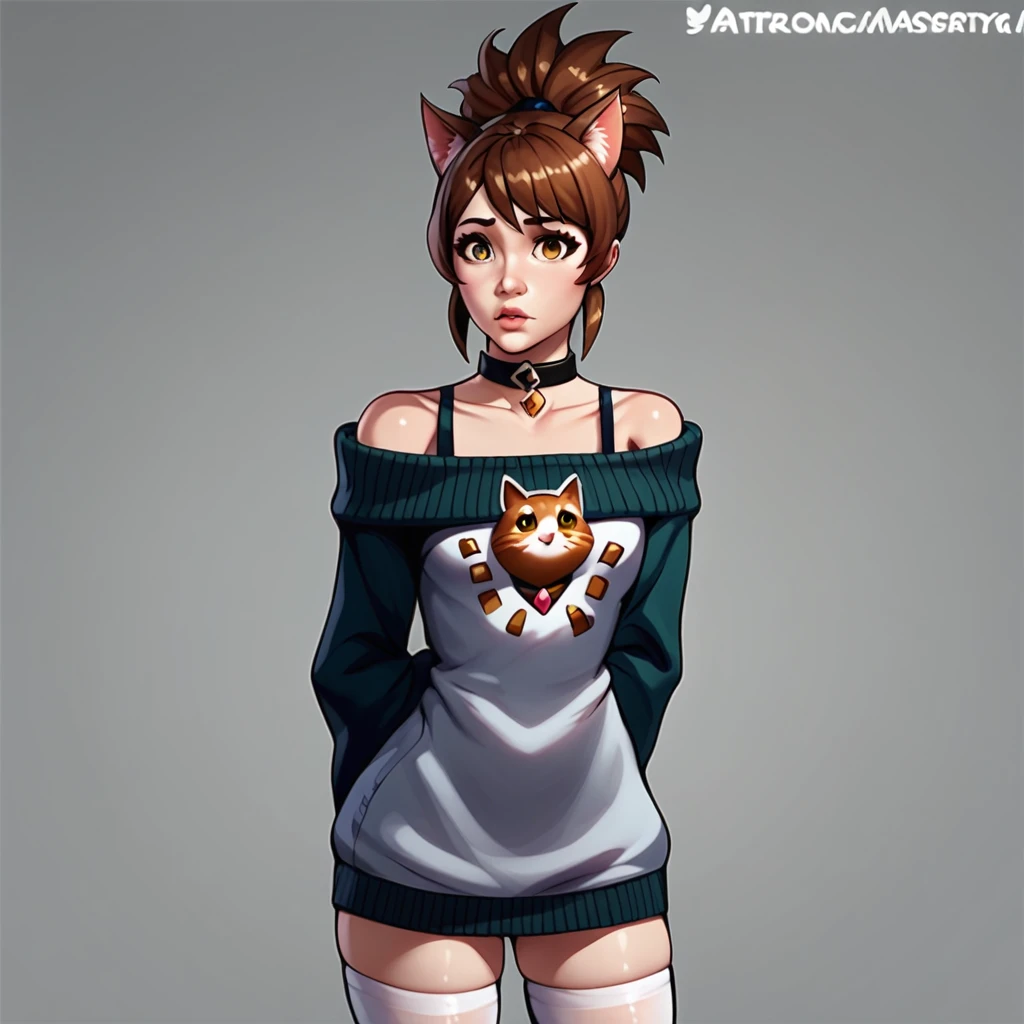 marci, marci \(dota 2\), 1girl, solo, brown hair, thighhighs, dress, brown eyes, choker, grey background, collar, sweater, white thighhighs, lips, watermark, arms behind back, web address, sweater dress, off-shoulder sweater, cat print, animal ear legwear, cat ear legwear