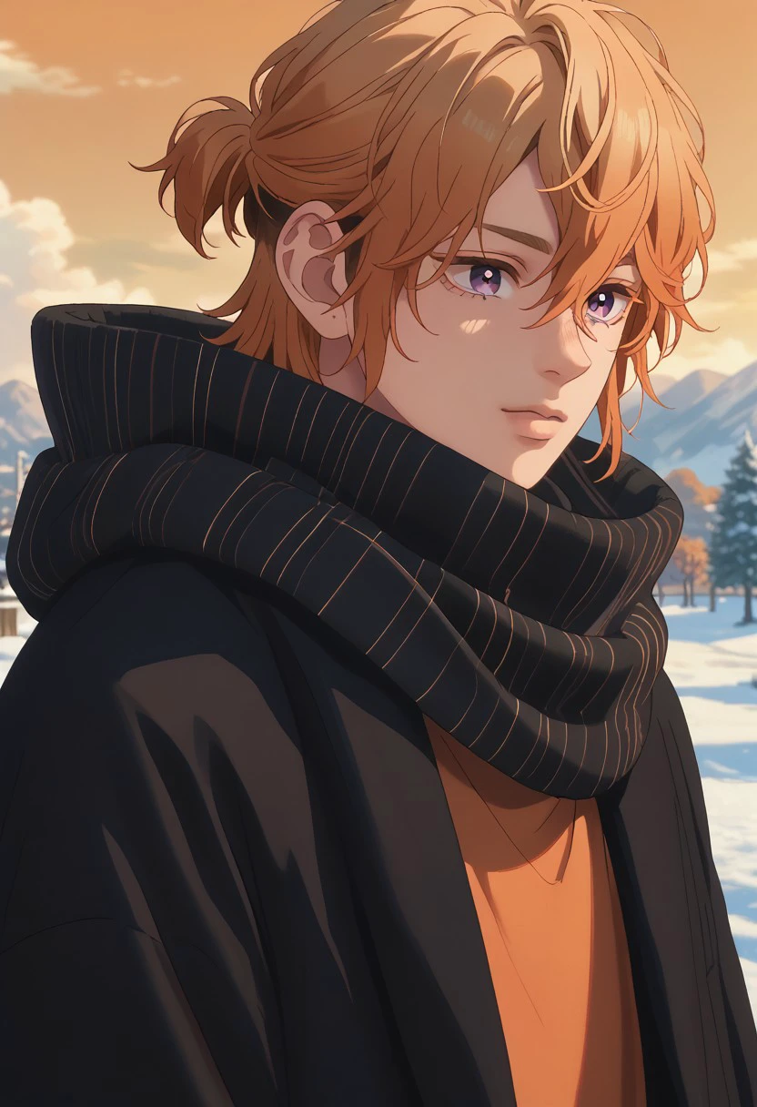 score_9, score_8_up, score_7_up, source_anime, rating_safe, Shinfection1, 1boy, male focus, anime screencap, orange gradient hair, black scarf,