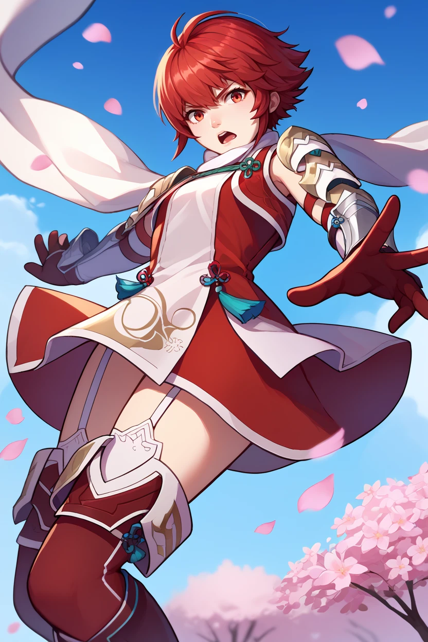 score_9, score_8_up, score_7_up, score_6_up, source_anime, 1girl, solo, <lora:fehinoka-pdxl-nvwls-v1-000006:1> hinoka, red hair, red eyes, short hair, white scarf, red and white dress, shoulder armor, gauntlets, red gloves, garter straps, red thighhighs, thigh boots, looking at you, jumping, blue sky, from below, serious, open mouth, cherry blossoms, flower petals, midair, dynamic pose