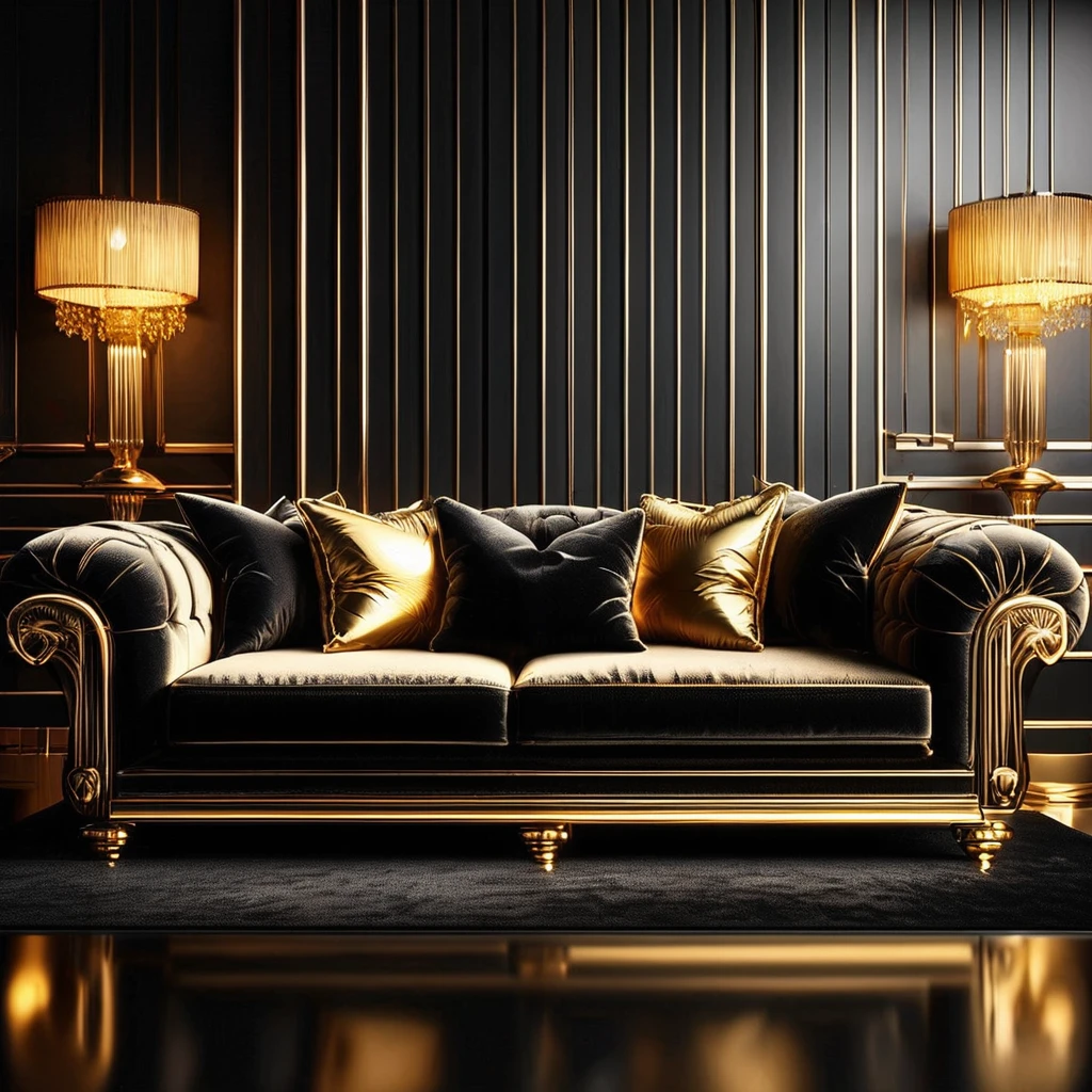 RetroBG, plush couch, gold pillows, luxurious, high resolution, digital art,  high contrast, elegant, sophisticated, black background <lora:RetroLuxe World Morph:1>