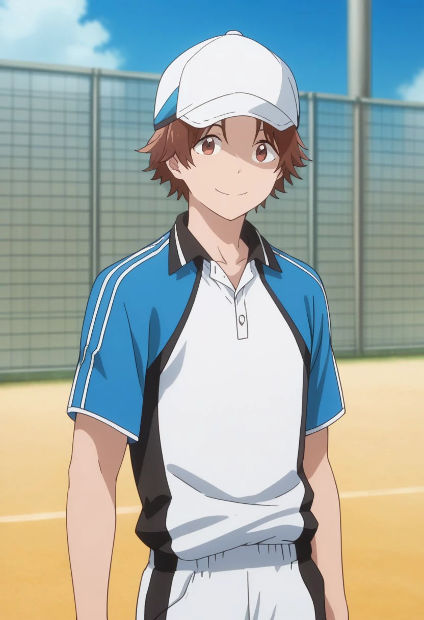 score_9, score_8_up, score_7_up, source_anime, highly detailed, 
rintaro, 
1boy, male focus, brown hair, solo, brown eyes, upper body, sportswear, shorts, smile, looking at viewer, standing, white shorts, tennis uniform, shirt, raglan sleeves white shirt, blue shirt, hat, baseball cap.
outdoor, sky,