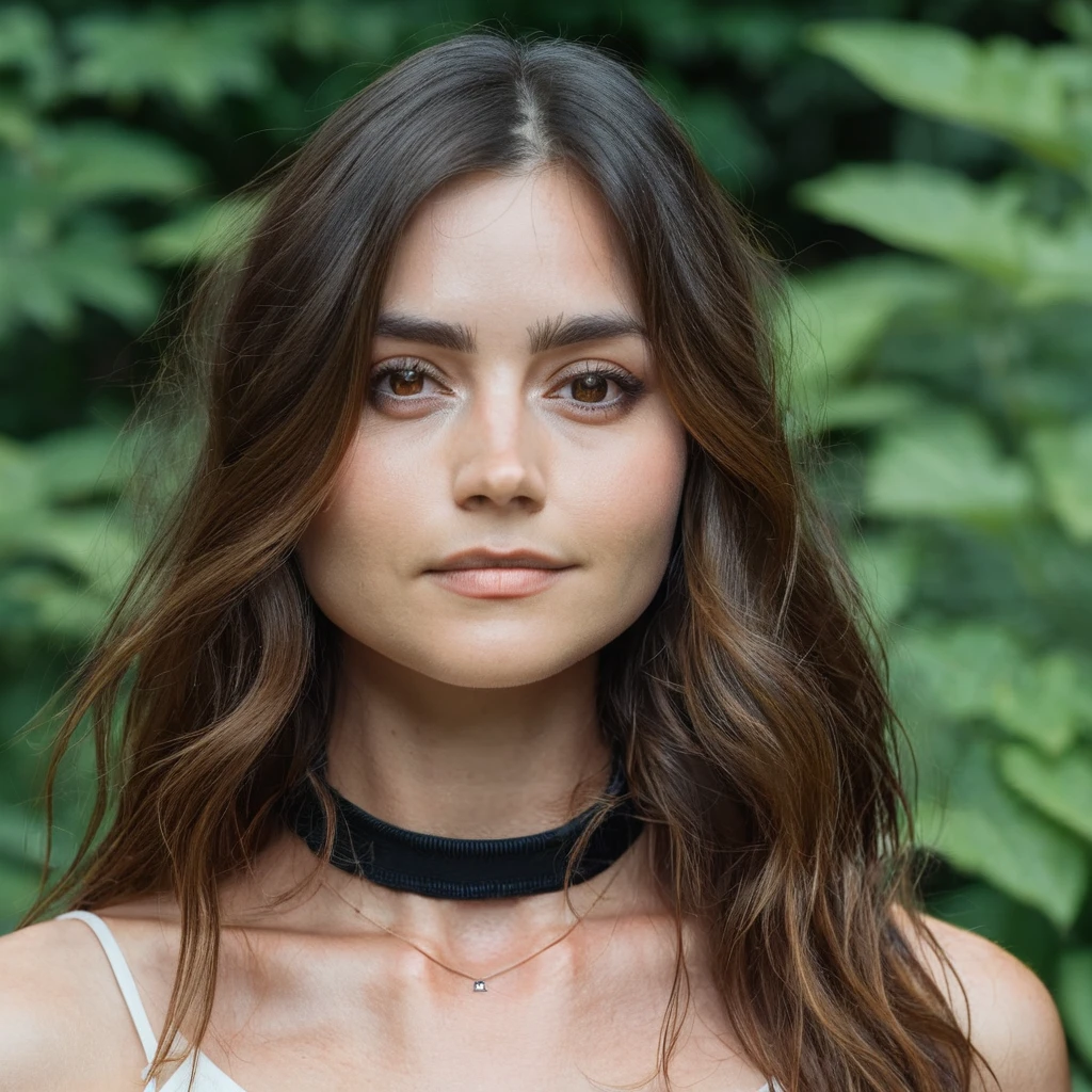 (Skin texture, RAW, pores),no makeup,  Super high res closeup portrait photo of a woman outdoors with wavy long hair, wearing a small choker around her neck,f /2.8, Canon, 85mm,cinematic, high quality,looking at the viewer , jenxcolemn, <lora:jencoleman_juggerX_xl_1_wocap_merger_23_145_merger_106_045_055-jenxcolemn:1>