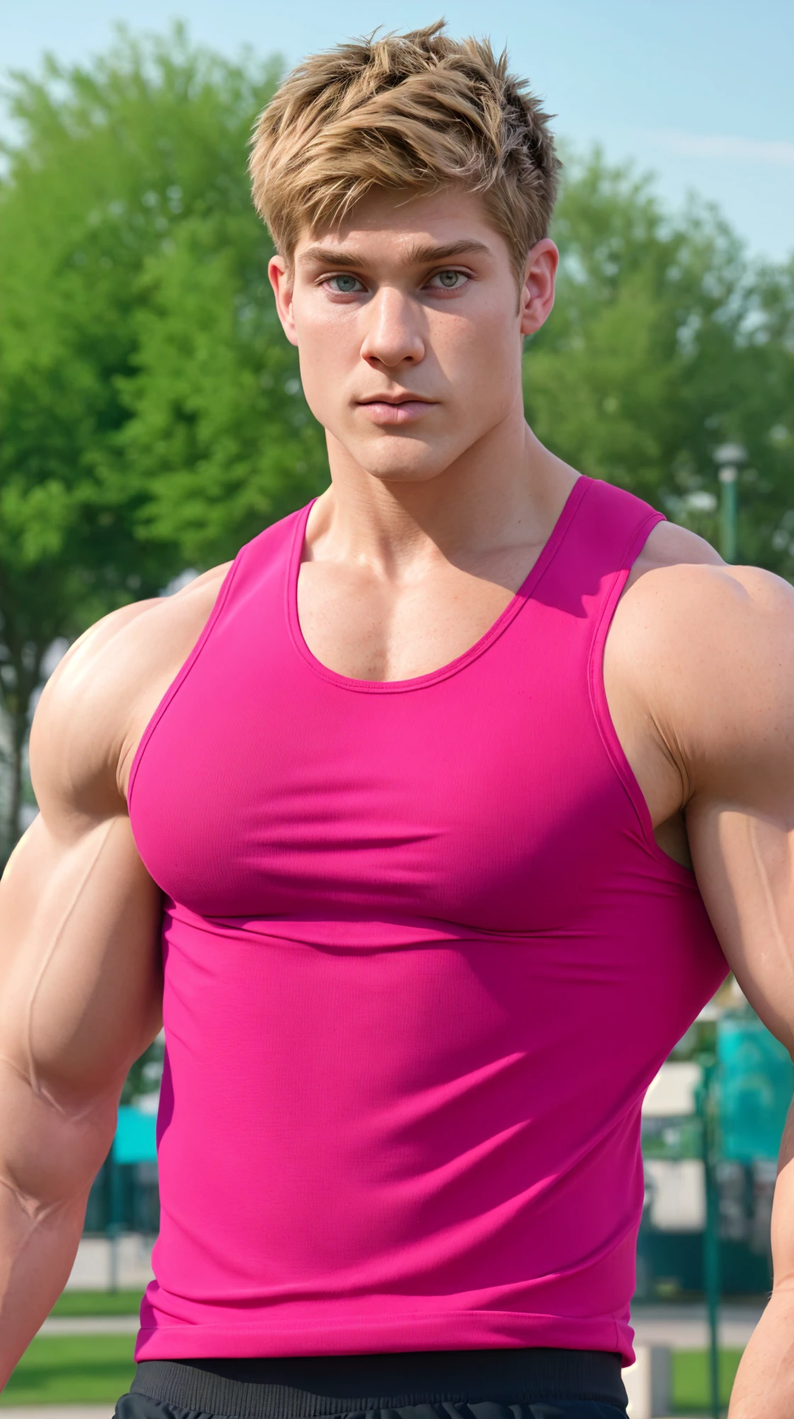 (face focus). (masculine:1.3), large strong physique:1.0, at outdoor sunny park, (muscular man wearing tight tank top:1.2), sexy pose:1.0, styled hair, confident, handsome, (((masterpiece))), (((best quality))), male, athletic, looking at viewer, (short hair), lower color saturation:1, lower contract color:1,  MasonDyeActor,  <lora:MasonDyeActor (1):1>, (short hair)