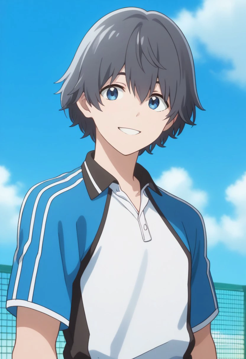 score_9, score_8_up, score_7_up, source_anime, highly detailed, 
nao, 1boy, solo, male focus, upper body, shorts, smile, black hair, blue eyes, sportswear, looking at viewer, standing, tennis uniform, raglan sleeves, white shirt, blue shirt,
outdoor, sky,