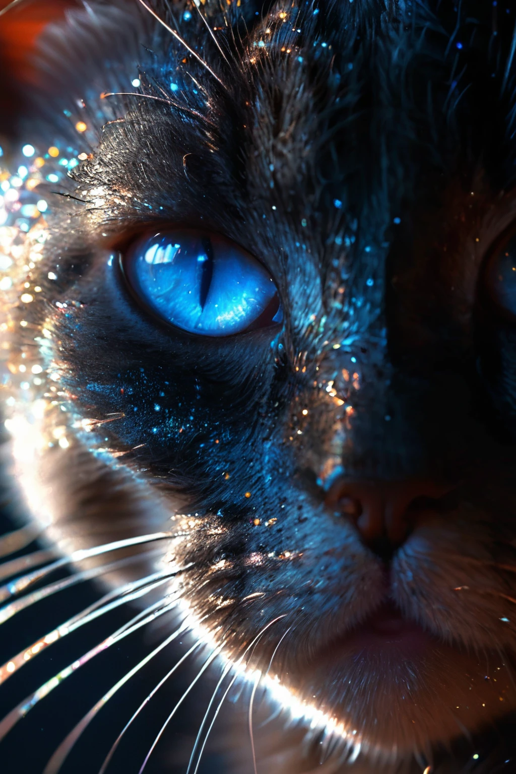 breathtaking <lora:CatSaviorXL:0.9>,
CatSavior,no humans,cat,blue eyes,(Black Cat:1.2),realistic,animal focus,animal,traditional media,whiskers,portrait,solo,black background,
(light particles:1.7),(glowing:1.4),(shiny:1.5),(shone:1.3),medium_shot,sunlight,backlighting,, best quality , masterpiece, illustration, an extremely delicate and beautiful, extremely detailed ,CG,unity,8k wallpaper, Amazing, finely detail, masterpiece, best quality,official art,extremely detailed CG unity 8k wallpaper,absurdres, incredibly absurdres, huge filesize , ultra-detailed, highres, extremely detailed,beautiful detailed girl, extremely detailed eyes and face, beautiful detailed eyes,light on face, . award-winning, professional, highly detailed