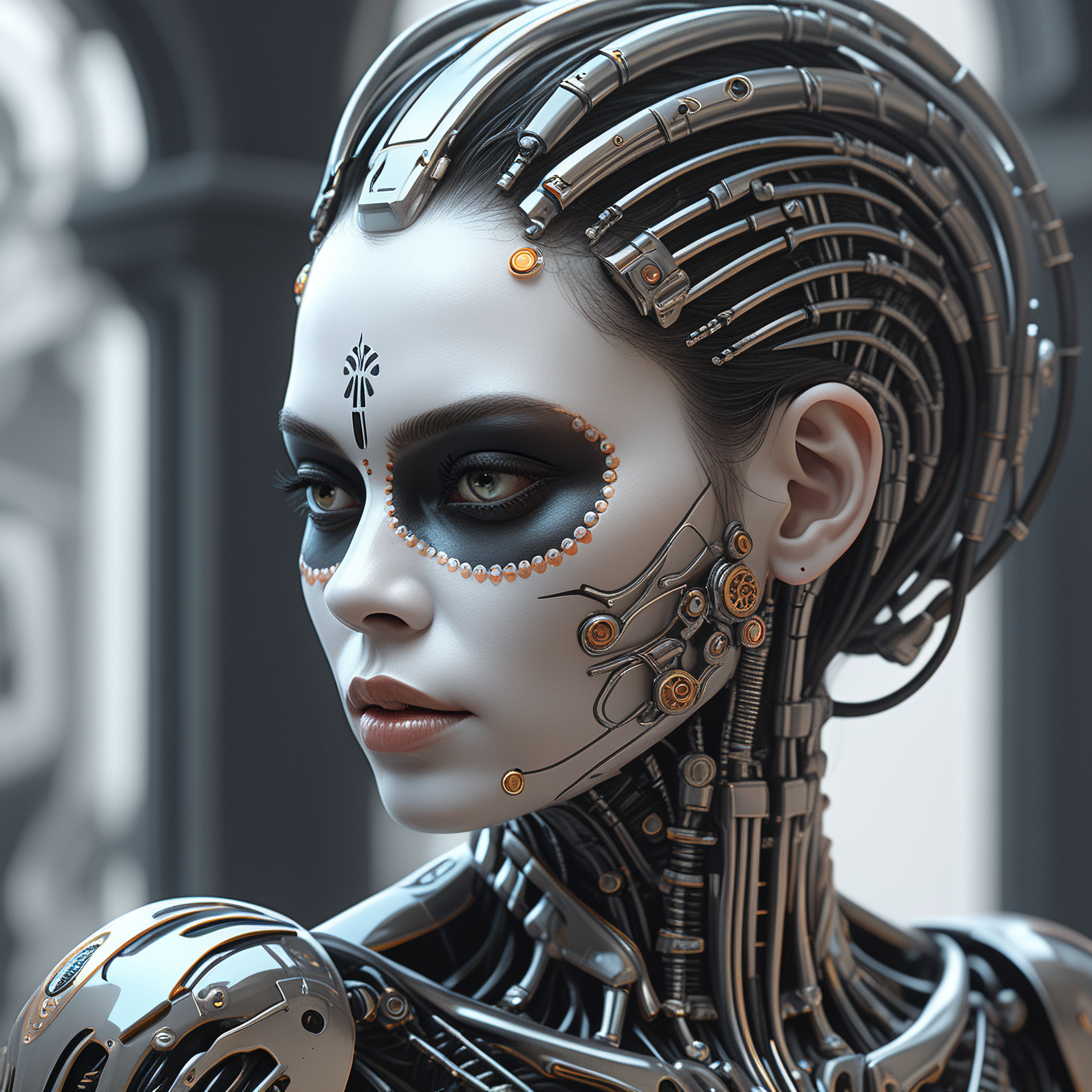 Ultra detailed side portrait of female android, face like catrina, robot boy, sharp focus, sci - fi, fantasy art, digital illustration, dia de los muertos. octane render, unreal engine, global illumination, intricate detailed. concept art. art by artgerm and wlop and giger and greg rutkowski and rossdraws and alphonse mucha, 8 k
















