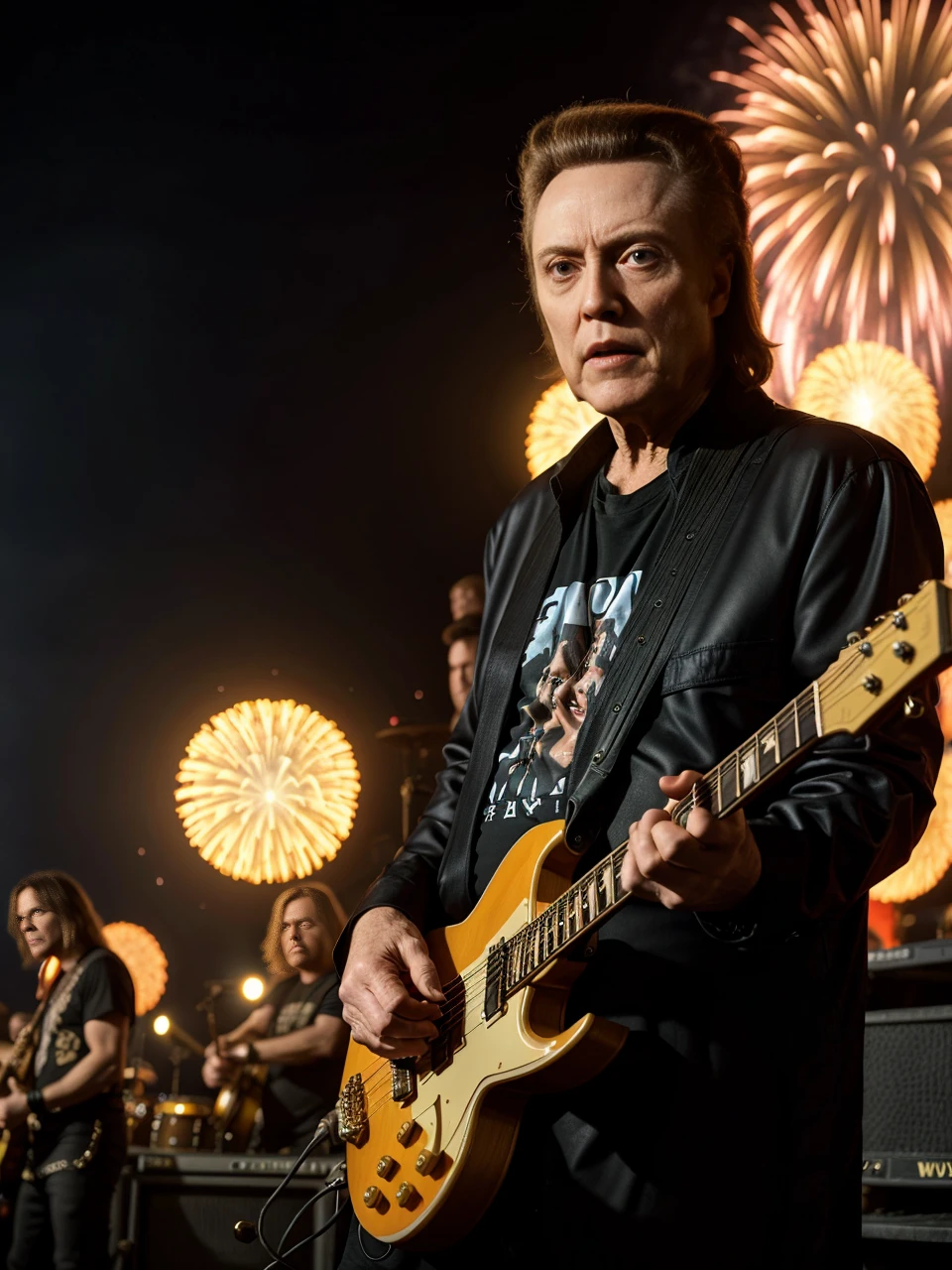 <lora:ChristopherWalken:1> christopher walken gathering for the fireworks in a heavy metal band, 4k, raw, masterpiece