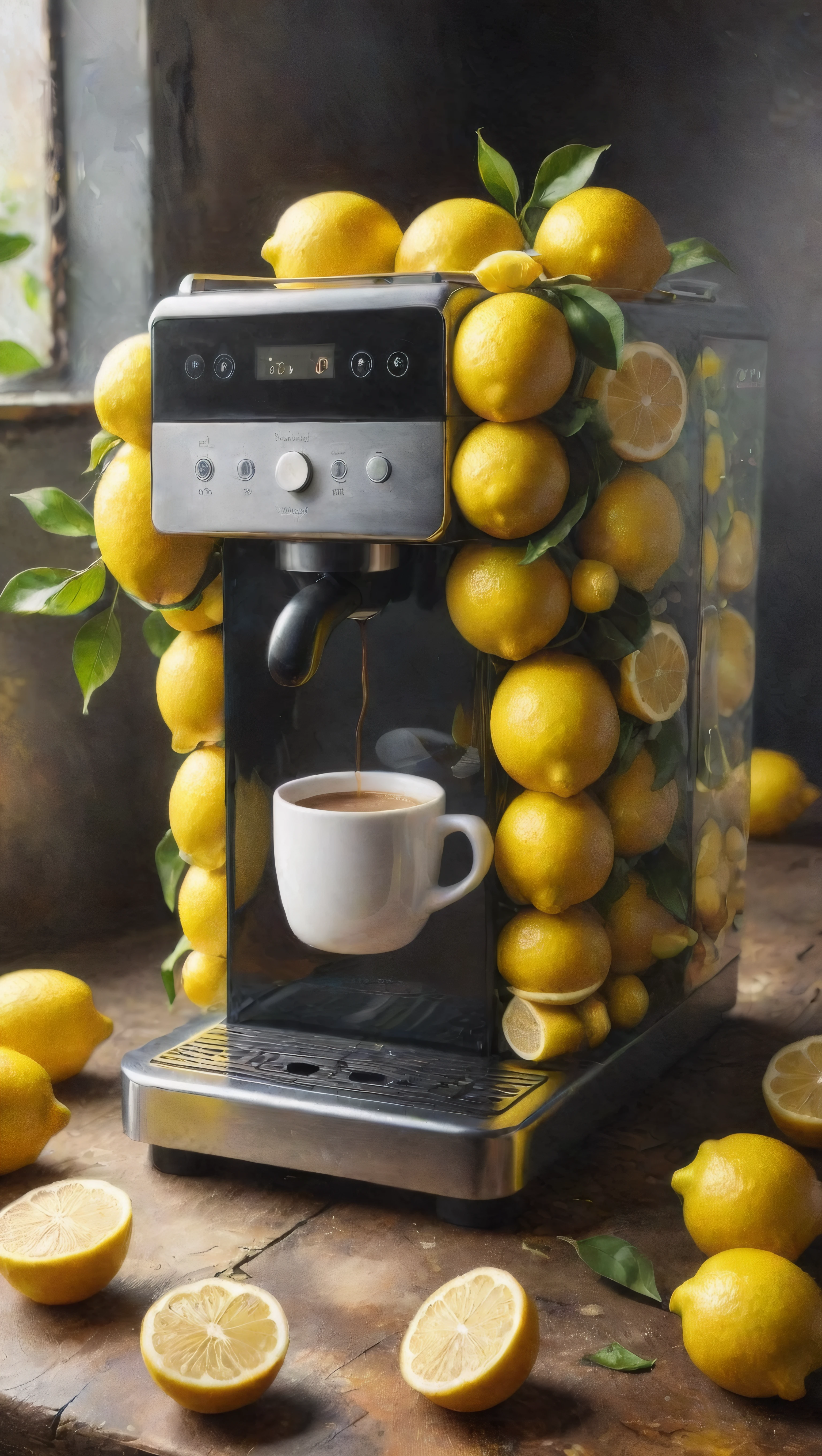 <lora:lcm-lora-sdxl:1>,<lora:add-detail-xl:1>,<lora:When_Life_Gives_You_Lemons:1>,wl_lemons,a coffee machine,