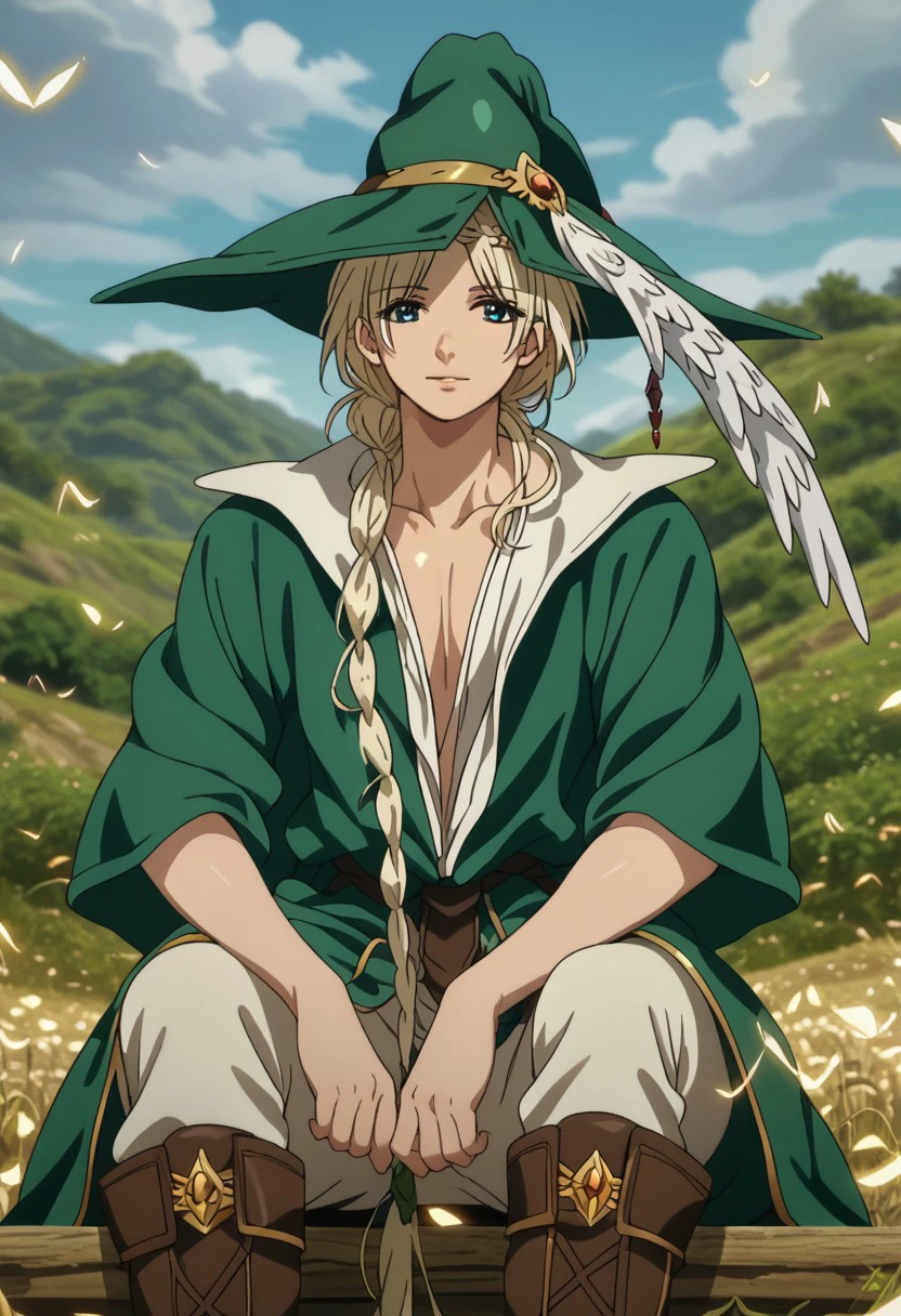 score_9, score_8_up, score_7_up, source_anime, rating_safe, gold particles, Yunmag, 1boy, male focus, anime screencap, green witch hat, hat feather, loose-fitting green and white clothes, thigh length brown and green boots, sitting, nvm I got them Rukhs covered