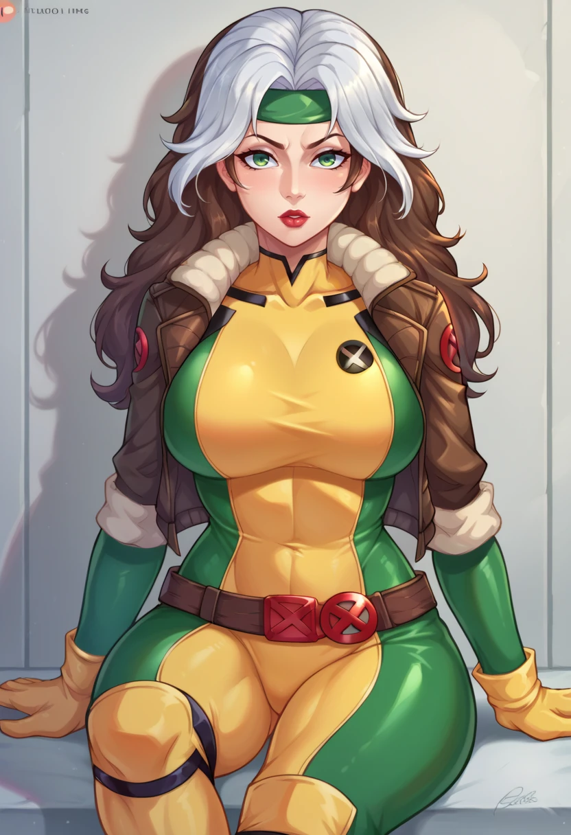 score_9,score_8_up,score_7_up BREAK <lora:rogue:1>,rogueSDXL,1girl,solo,long hair,looking at viewer,brown hair,gloves,green eyes,jacket,white hair,open clothes,open jacket,lips,bodysuit,makeup,headband,lipstick,skin tight,multicolored clothes,buckle,belt buckle,leather,superhero,bomber jacket,dyed bangs,multicolored bodysuit,green bodysuit,yellow bodysuit,cowboy shot,room,room background, sitting,