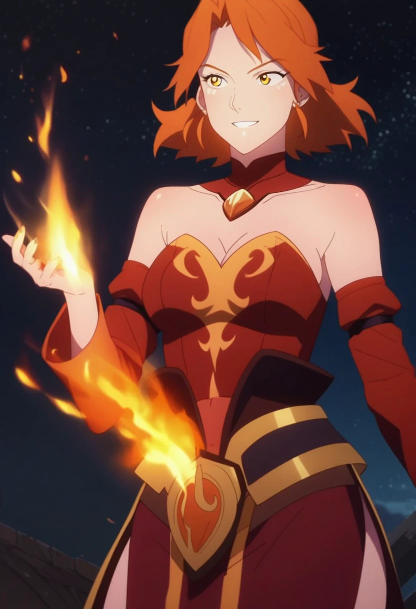 score_9, score_8_up, score_7_up, score_6_up, derpibooru_p_95, 
source_anime, very aesthetic, anime screencap, anime coloring, 
lina anime, lina anime \(dota 2\), 1girl, solo, breasts, smile, short hair, dress, cleavage, bare shoulders, jewelry, medium breasts, yellow eyes, red hair, detached sleeves, orange hair, red dress, fire, black background, red sleeves