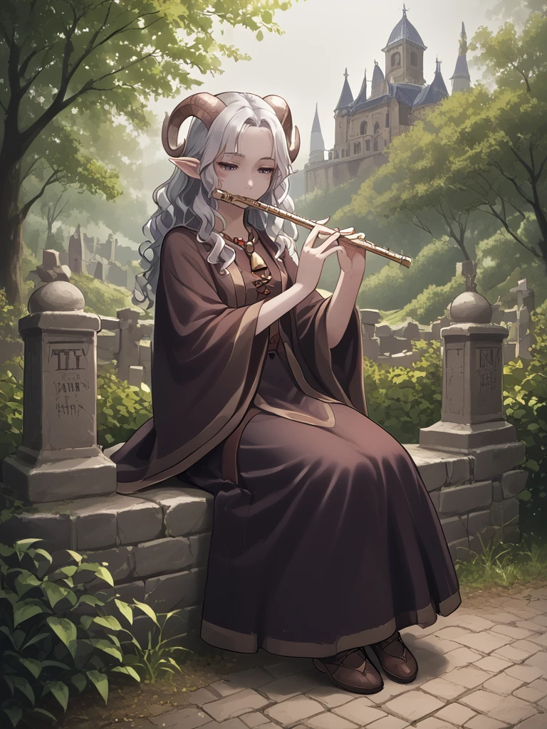 source_furry, score_7_up, rating_safe, sitting, 
anime face,<lora:whisker_markings:0.8>red whisker_markings, silver long wavy hair,  bell necklace, short pointy ears, purple eyes, <lora:age_slider_v4:0.6>
<lora:Smooth Style 2 SDXL_LoRA_Pony Diffusion V6 XL:0.3> full body, 
<lora:Test_Diana:0.8> tiefling_bard_diana,   <lora:INKxXmo shaded face:0.5> INKxXmo Dark Theme, 
 <lora:Graveyard:1>graveyard:1.2, day,  <lora:flute:0.8> flute, holding instrument, solo, close up:0.7