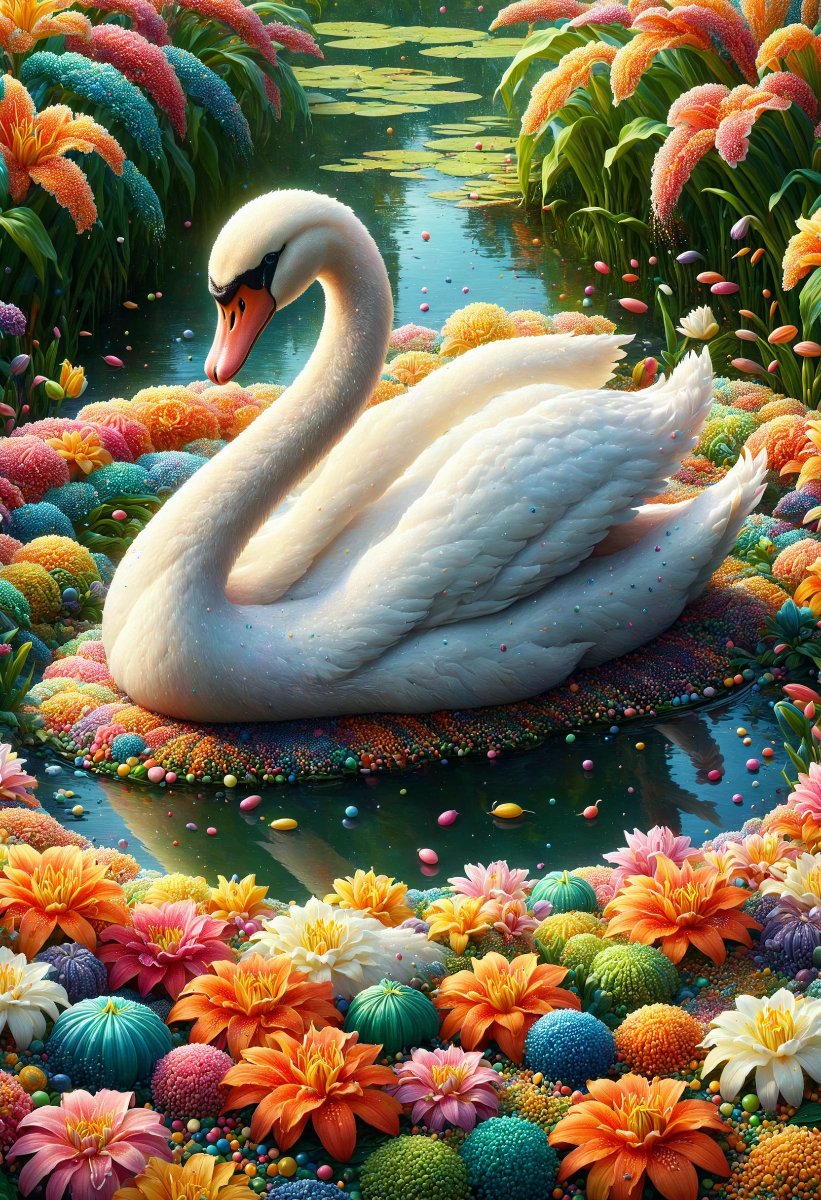 a beautiful swan in a lily pond on a starry night, made out of sprinkles, <lora:PinkieSprnklsSDXL-v1:1>, p1nkspr1nkles, colorful,