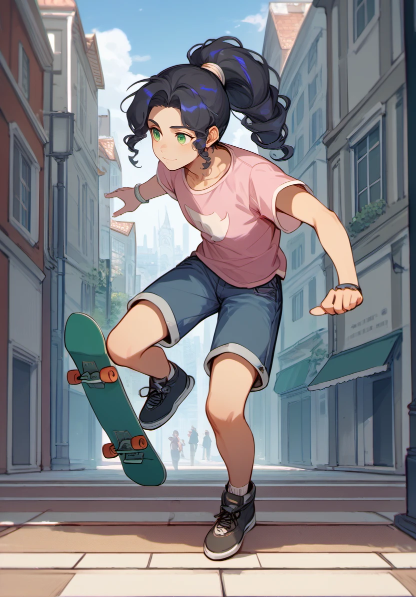 score_9, score_8_up, score_7_up, masterpiece, best quality, 1boy, solo, yong boy,  <lora:MaiLanPony:1>  meilan, ponytail, black hair,  green eyes,   full body, pink t-shirt, denim shorts, city, street, skateboard