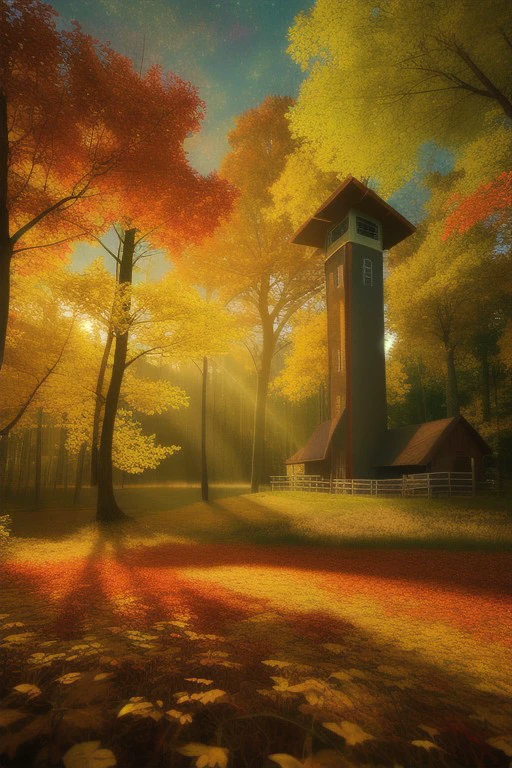 Big forest with yellow, green and red leaves at sunset, a small town with a church and a radio tower in the background, fantasy, professional canvas, triadic colors, deep color, volumetric lighting, shading with dark edges, richly detailed, matte background, style octane render, complex drawing