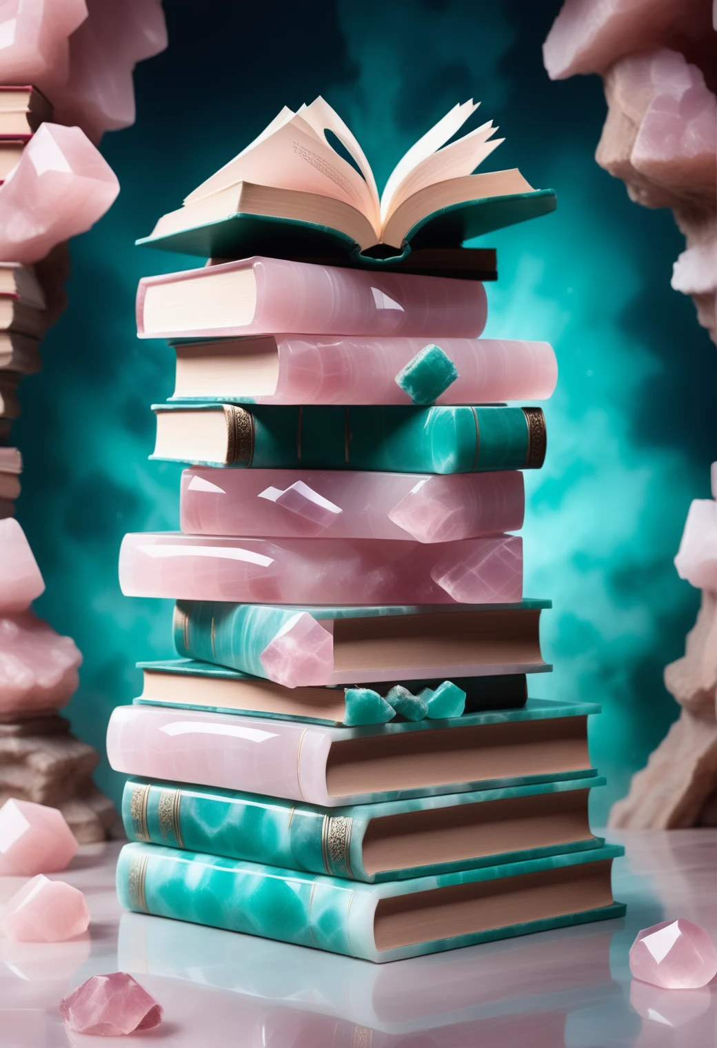 stack of books made out of reij-rsqrtzjd <lora:rosequartzjade-000007:1>, Spring, Cosy, Paint splotches, dynamic background, vivid colors, beautiful composition, handsome, flowing, original, beautiful detailed supreme quality color intricate