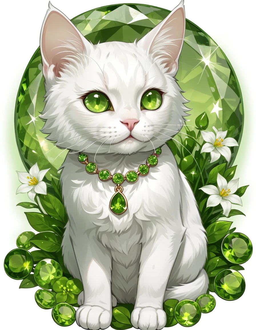 hud_per1d0t_wrld, glittering, green gem, <lora:hud_per1d0t_wrld_SDXL:0.7>, White cat and flower