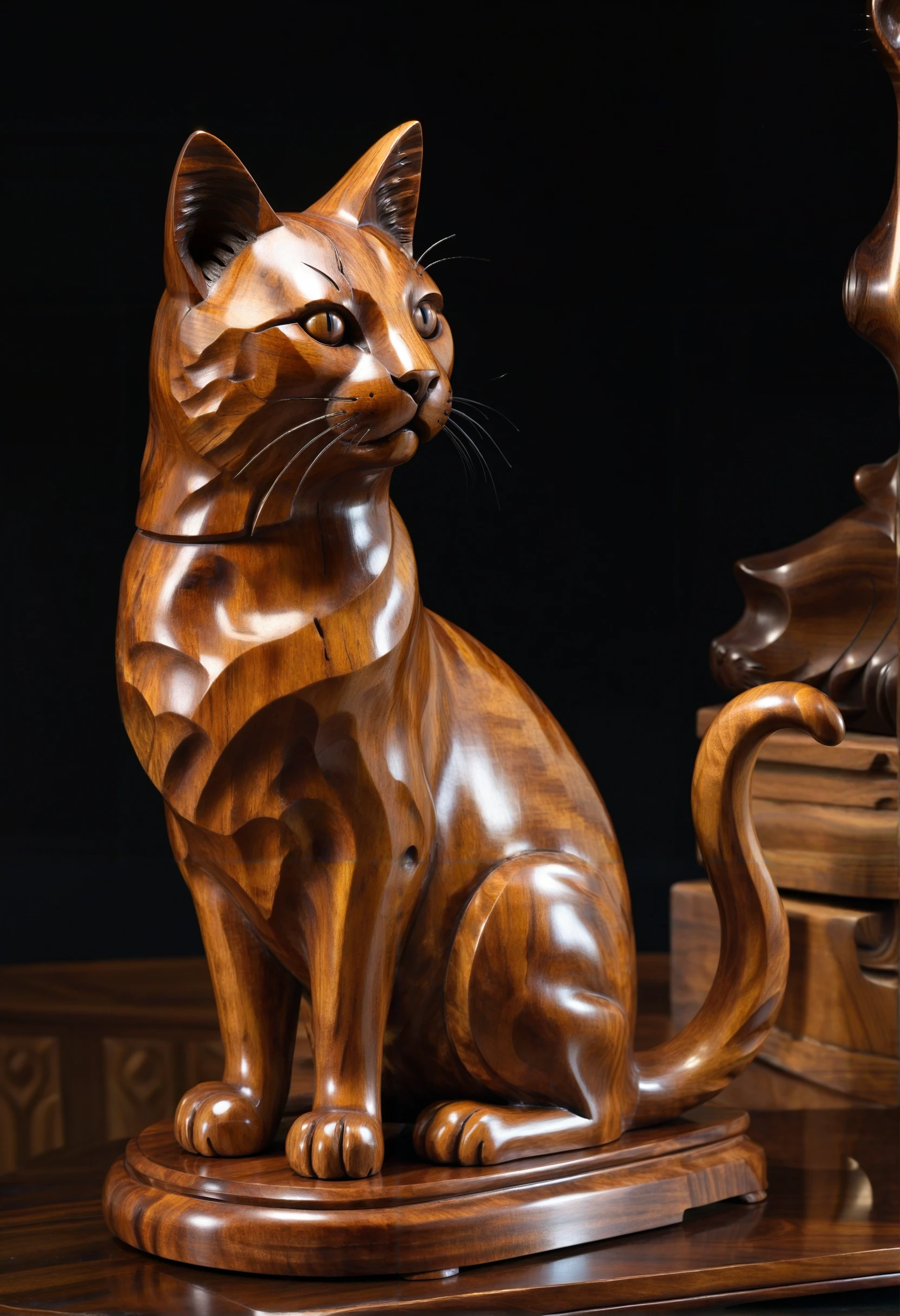 7-woodsculpture, reflective gloss finish, wooden sculpture of a cat, walnut, antique, classical finish, detailed, warm surfaces, warm lighting, reflections, black background.
  