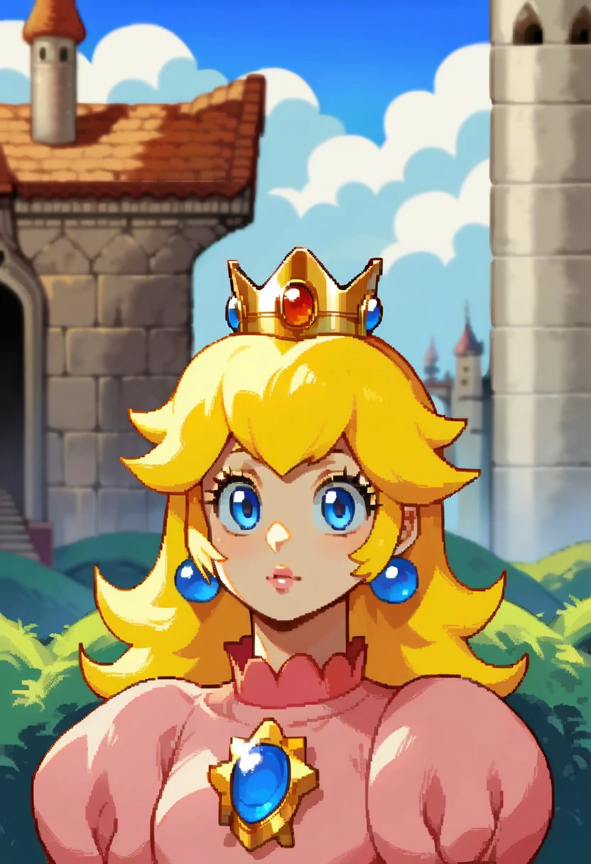 score_9, score_8_up, score_7_up, source_anime, lpho, pixel style, solo, upper body, princess peach, castle background, outdoors