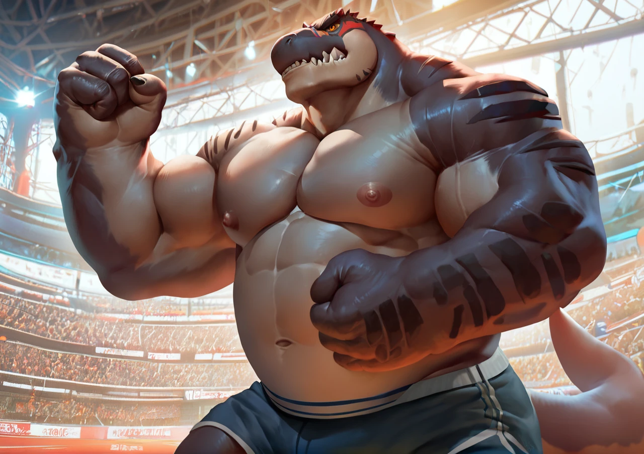 score_9,score_8_up,score_8,
takahirosi,zoroj, 
anthro,solo,male, tyrannosaurus, tyrannosaurus rex,
musclegut, big pecs,nipples,
dark body, fist, pants,shorts,
public,standing, three-quarter view, one hand up,
detailed background, inside, arena,diadema,
<lora:bm-v2b-xl:1.0>