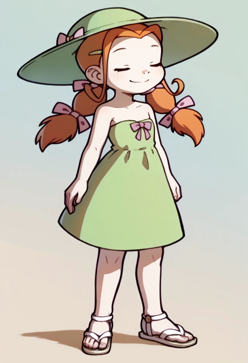 score_9, score_8_up, score_7_up BREAK ElenaPotato, 1girl, orange hair, closed eyes, light green hair clips, pigtails, pink pigtail bows, full body, smile, strapless green dress, summer orange hat, white sandals, beach background,