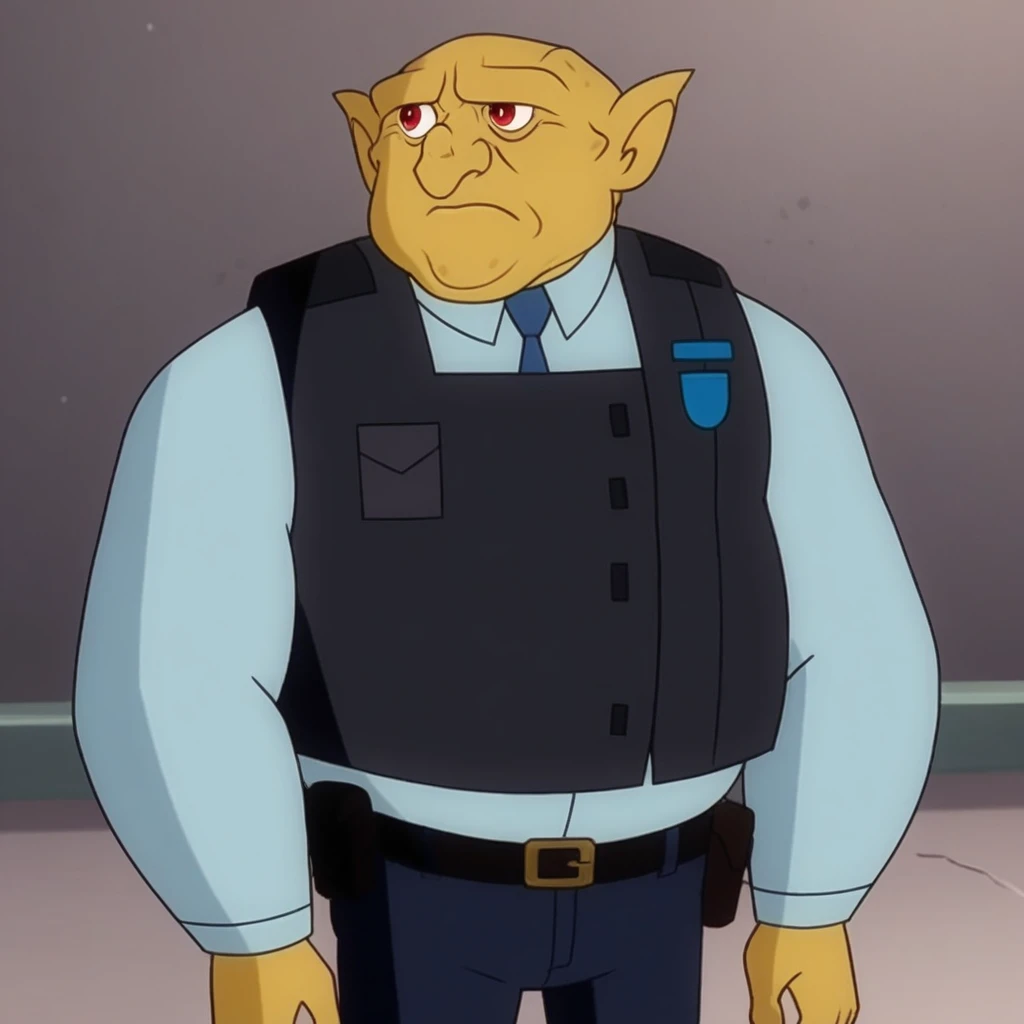 score_7_up, BREAK, 1boy, solo, BARNABASDINGLEKNOT, red eyes, pointy ears, green skin, shirt, necktie, vest, vest, uniform, belt, cowboy shot, <lora:BarnabasDingleknot_PXL_Leaf1_r1:1>, arms at sides,