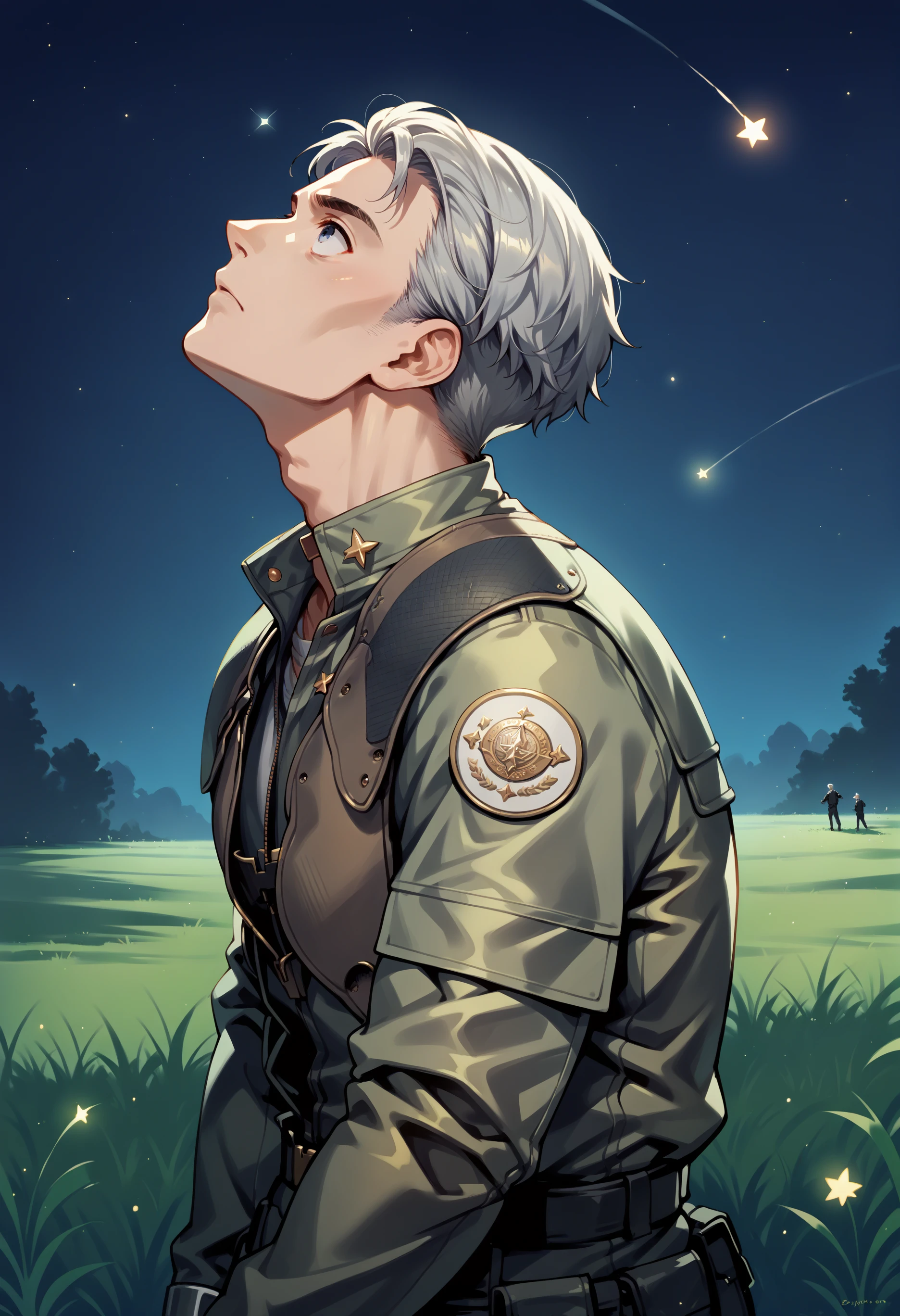 score_9, score_8_up, score_7_up, score_6_up, score_5_up, 1boy,old,grey hair,looking up,night sky,side view,falling star,grass field,
bsgvprunf,pilot uniform,
,<lora:BSGpony1>