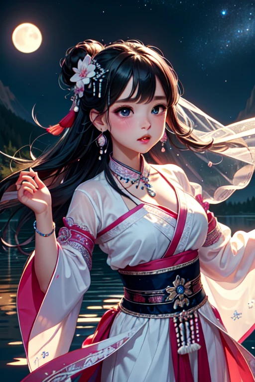 (((masterpiece))), (((best quality))), ((lake dancing)), chinese clothes, hanfu, dress, halterneck, sleeves, gradient colorful, jewelry, hair ornament, hair flower, floating hair, earrings, gem, veil, tattoo, beads, pearl, bracelet, necklace, ribbon, starry sky, fog, wind, moon, cloud, night, parted lips, 1girl, sweat, wet, shy, blush, slim figure, <lora:girllikelakedancing:0.8>