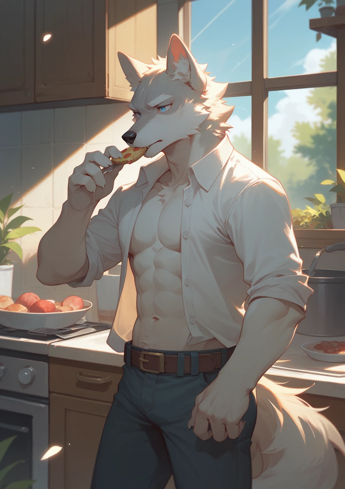canid, canids, wolf,
solo, anthro, male, white fur, (white body:1.2), white eyebrows,
clothed, open topwear, open shirt, white shirt, belt, pants,
blue eyes, humanoid hands, food, eating,
inside, kitchen, window, sunlight, plants, detailed background
BREAK zPDXL,