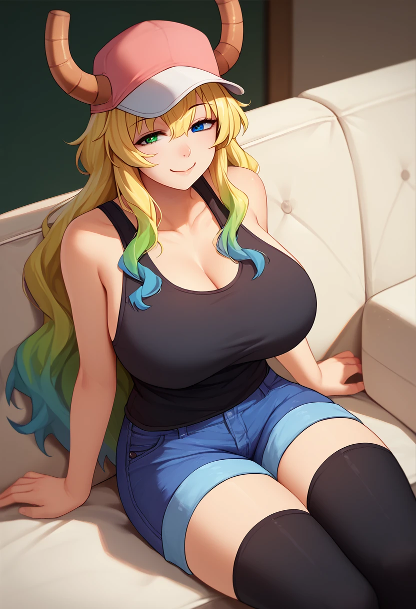 score_9, score_8_up, score_7_up, solo, 1girl, mkdmluc0a, smile, closed mouth, looking at viewer, sitting, couch, pink headwear, horns through headwear, baseball cap, dragon horns, heterochromia, green eyes, blue eyes, black tank top, blue shorts, denim shorts, short shorts, black thighhighs, bare shoulders, huge breasts, indoors <lora:maidragon_lucoa_ponyXL:1>