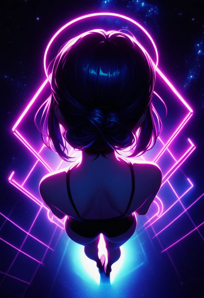 score_9, score_8_up, score_8_up, 1girl, perfect ass, best quality, from above, source_anime, dramatic lighting, neon glow, starry background, <lora:Dall_E-3_anime_1.5_epoch13:0.9>