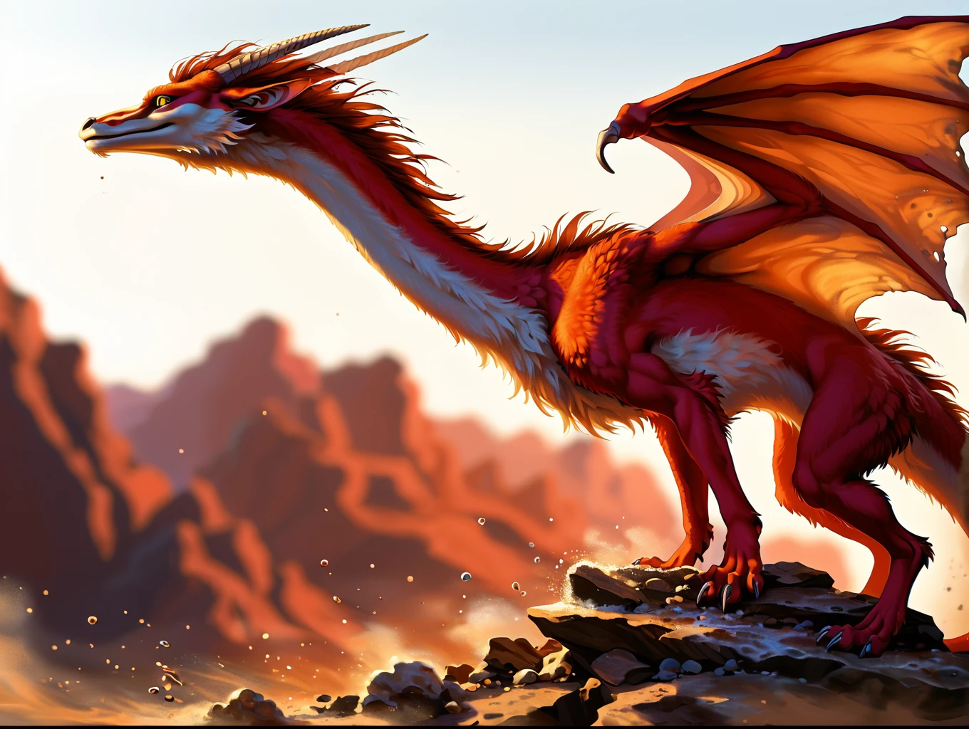 <lora:DustPonyXL:1>,dustponyxl,dust,powder,light particles,refraction,chromatic_aberration,bokeh,film grain,detailed crease,foreshortening,dynamic_angle,furred_dragon, long neck, long fur, fluffy fur, wings, membranous wings, fluffy tail, horn, claws